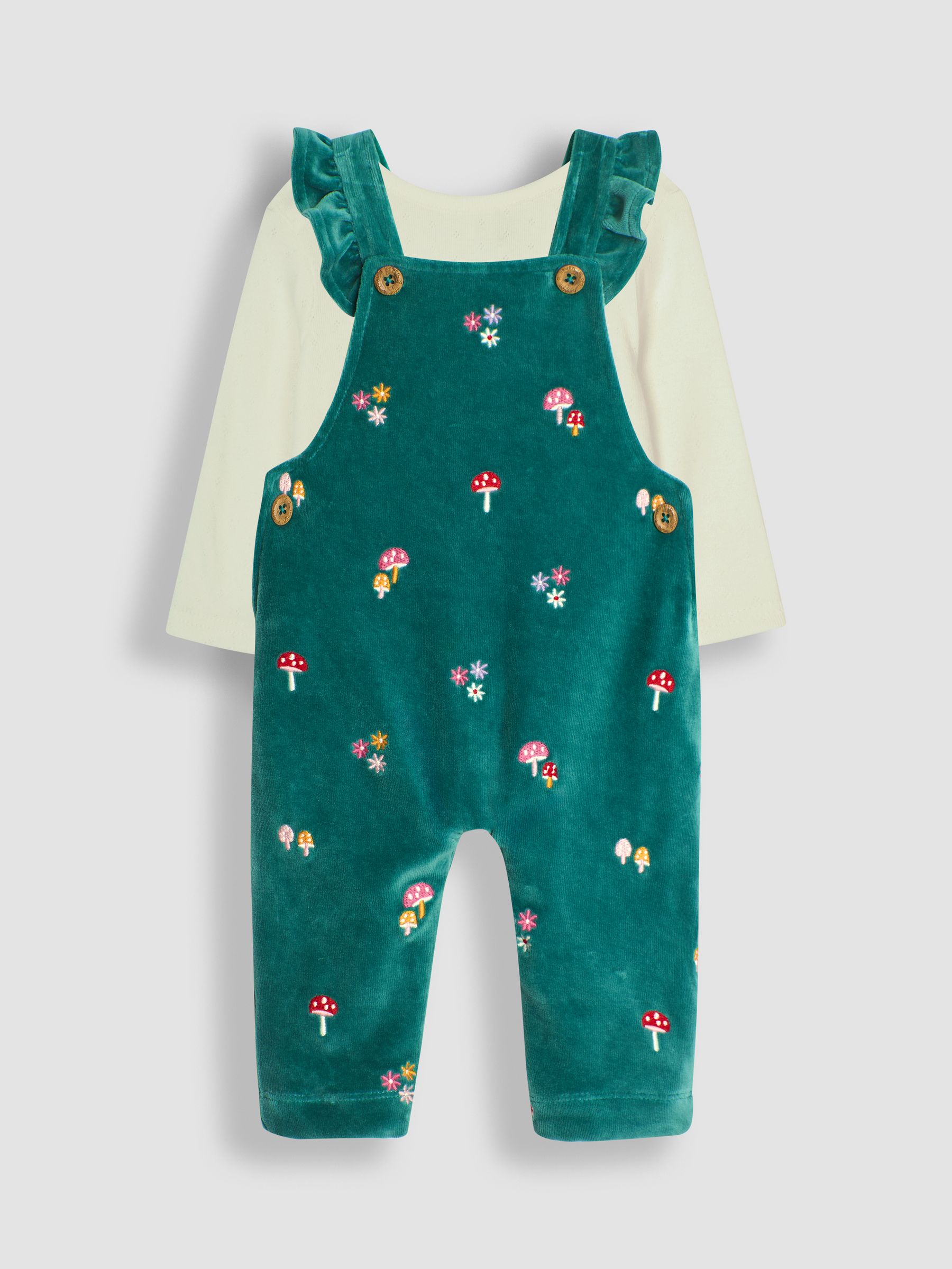 Green Toadstool Embroidered Velour Dungarees and Top Set - Image 1 of 6