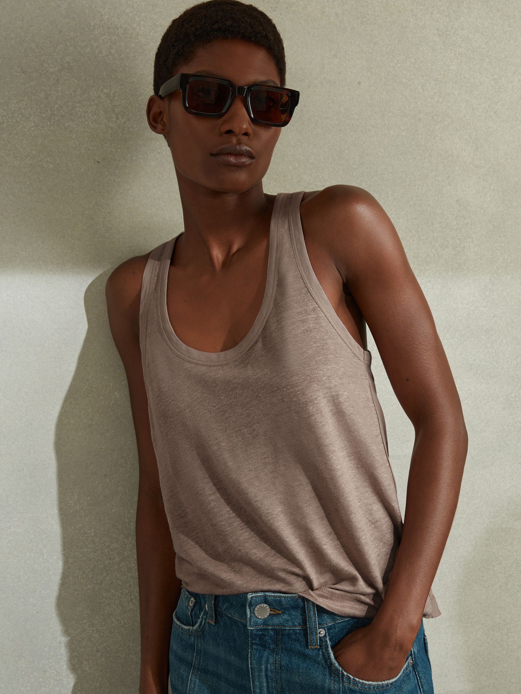 Linen Scoop Neck Vest in Mink - Image 1 of 6 Linen Scoop Neck Vest in Mink - Image 1 of 6