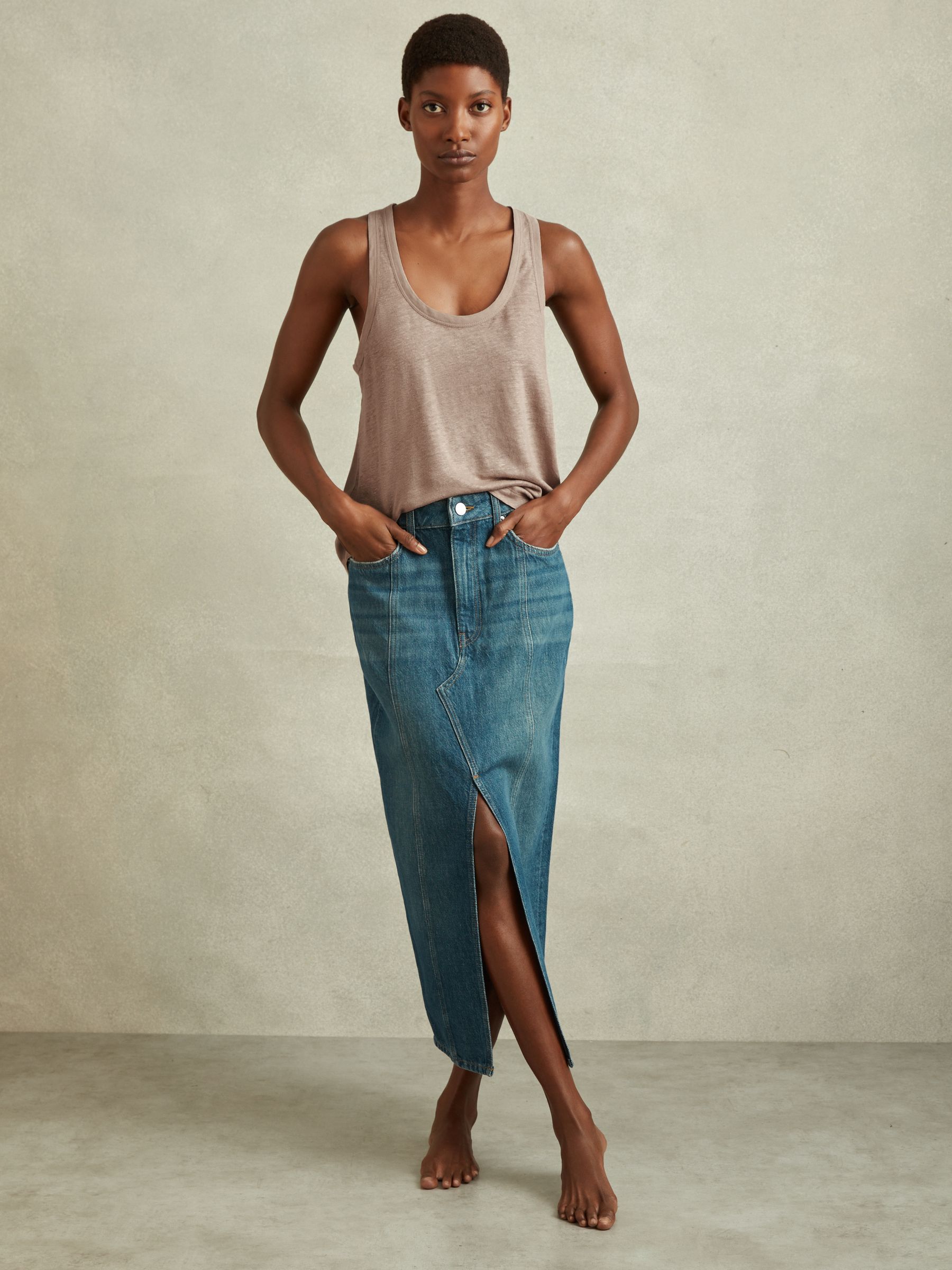 Linen Scoop Neck Vest in Mink - Image 3 of 6