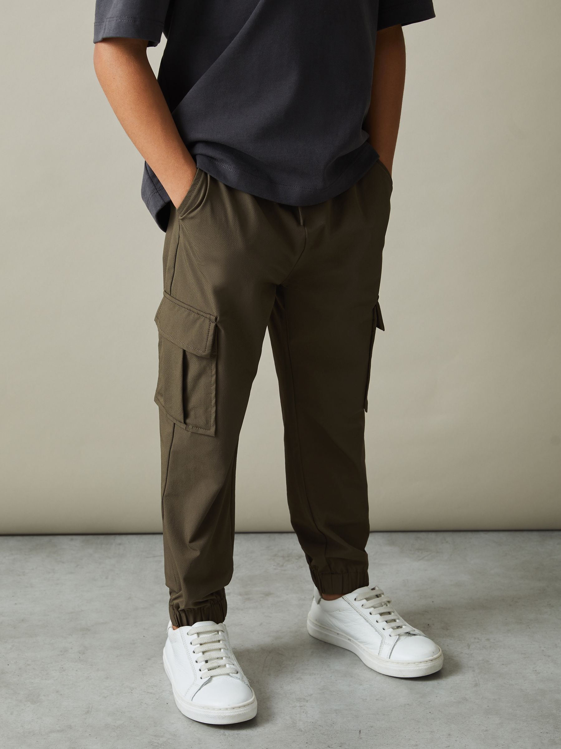 9-14 yrs Technical Drawstring Cuffed Cargo Trousers in Khaki Green - Image 1 of 4