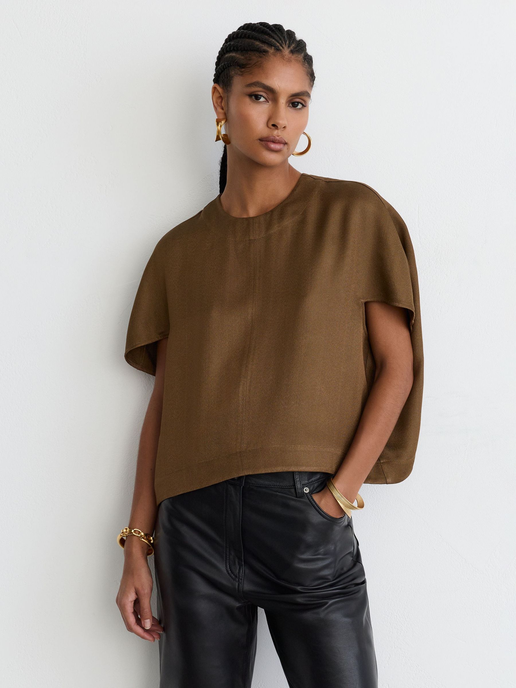 Woven Cap-Sleeve Top in Khaki Green by Reiss