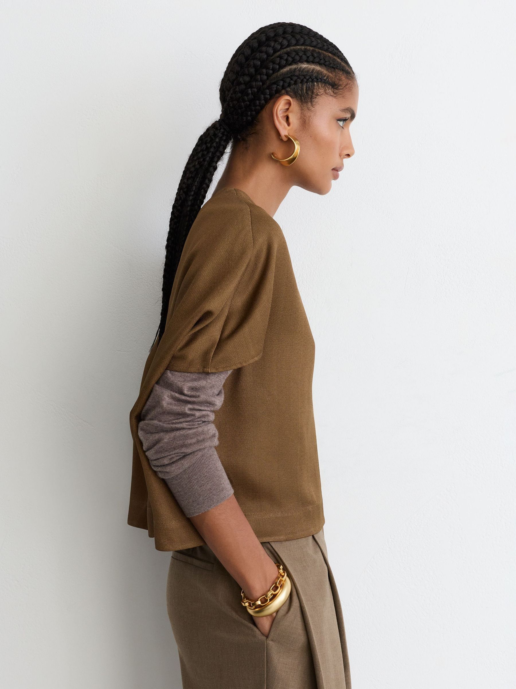 Woven Cap-Sleeve Top in Khaki Green - Image 5 of 9