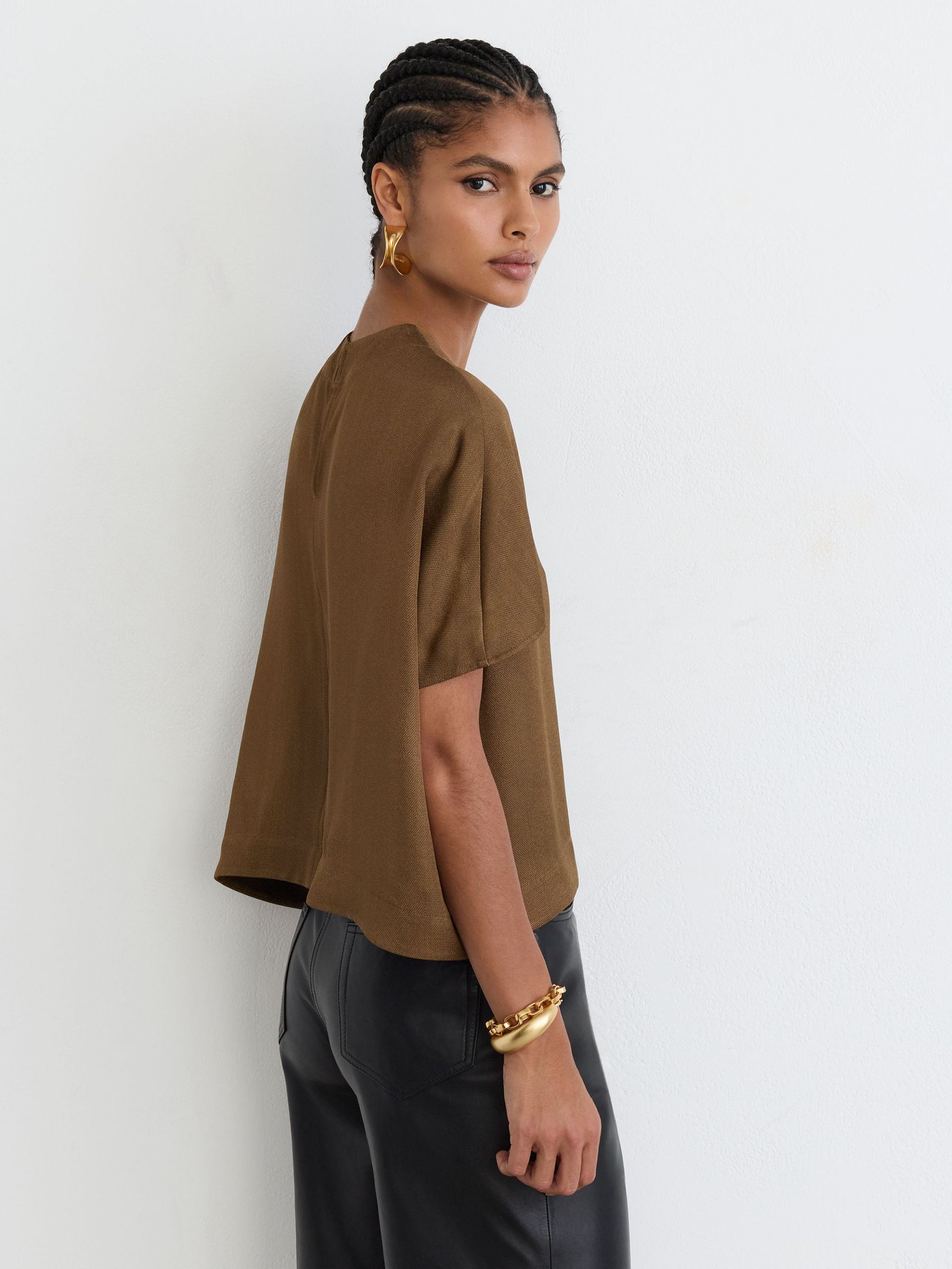 Woven Cap-Sleeve Top in Khaki Green - Image 7 of 9