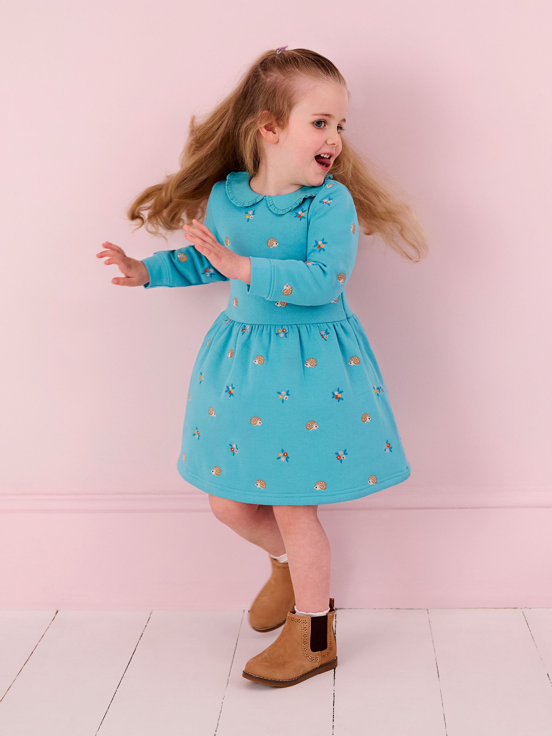 Duck Egg Blue Hedgehog Embroidered Sweat Dress With Collar - Image 1 of 5