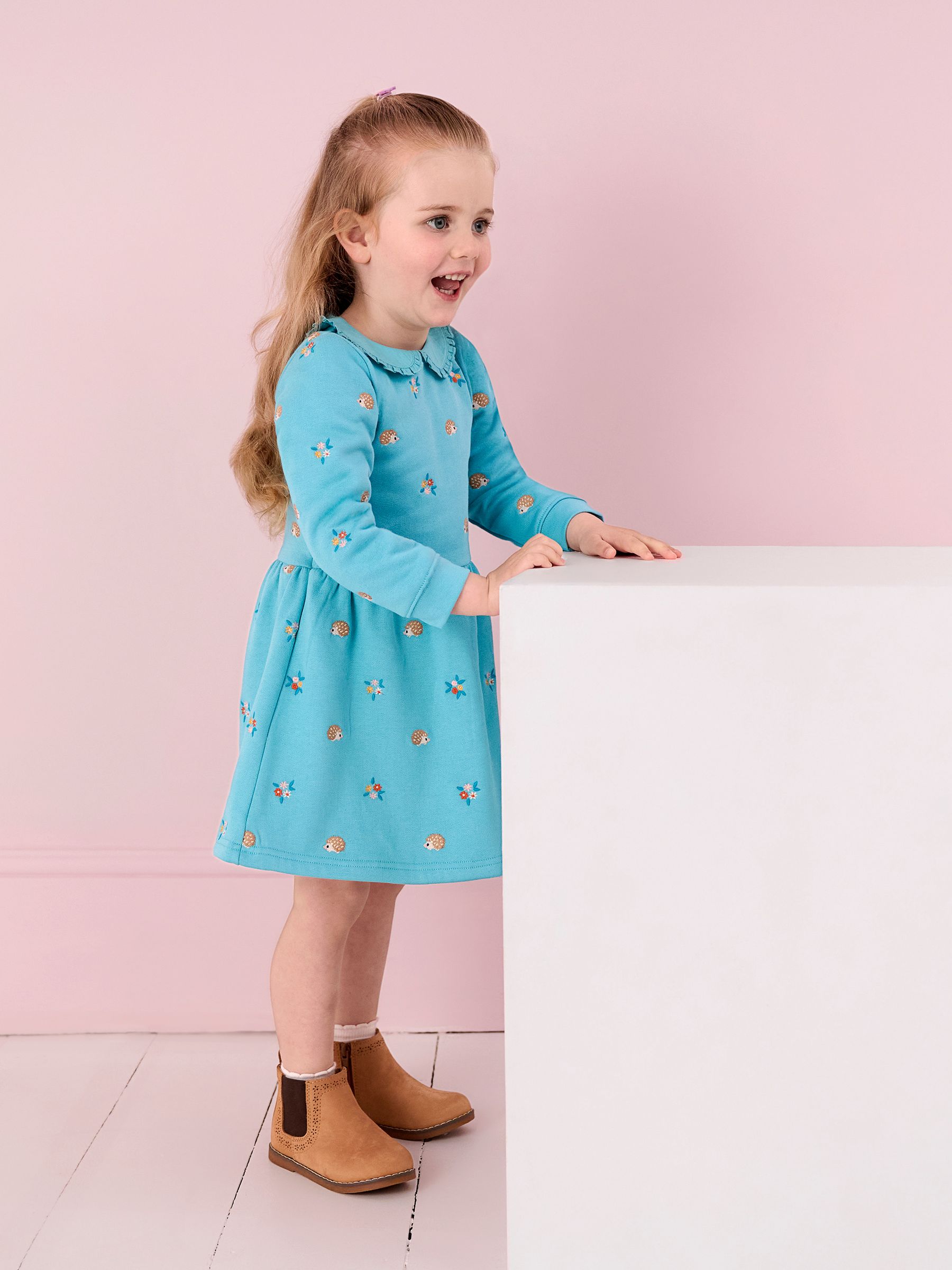 Duck Egg Blue Hedgehog Embroidered Sweat Dress With Collar - Image 5 of 5