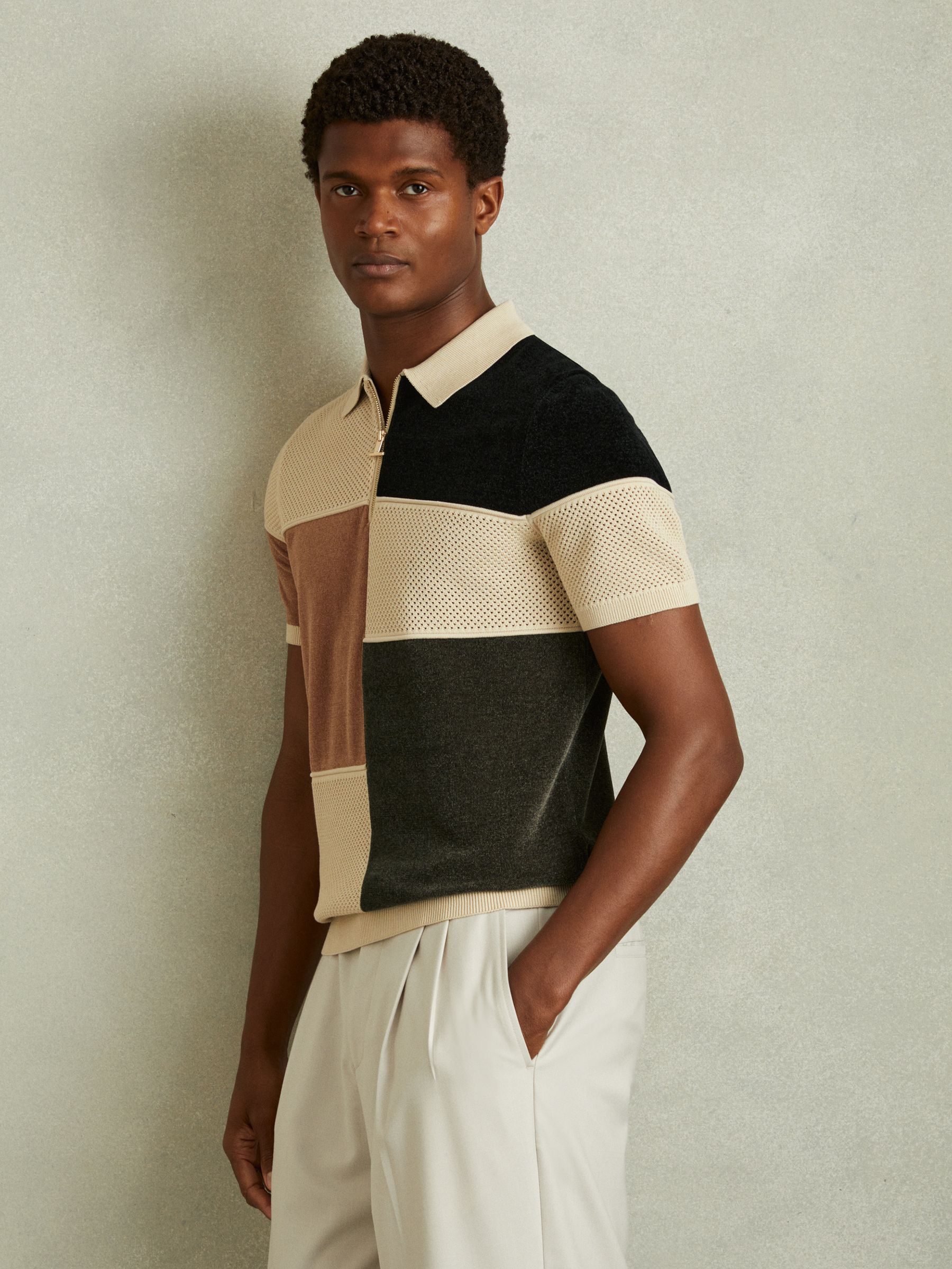 Hybrid Velour Half-Zip Polo Shirt in Green Smoke - Image 1 of 6 Hybrid Velour Half-Zip Polo Shirt in Green Smoke - Image 1 of 6