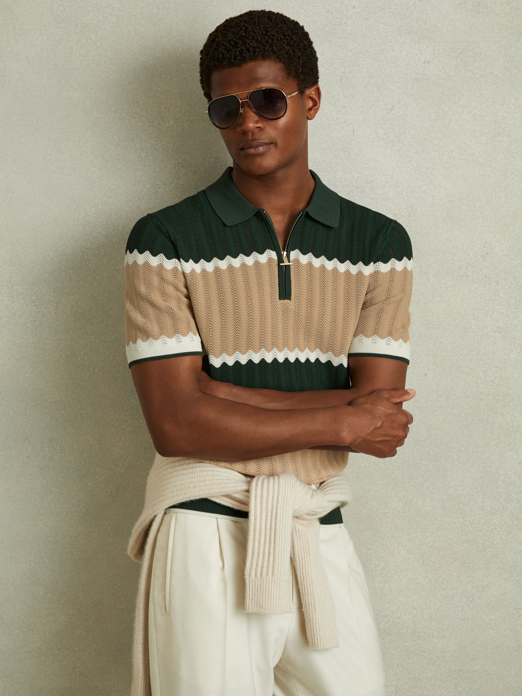 Alton Forest Green/Light Camel Knitted Zig-Zag Half-Zip Polo Shirt - Image 1 of 6