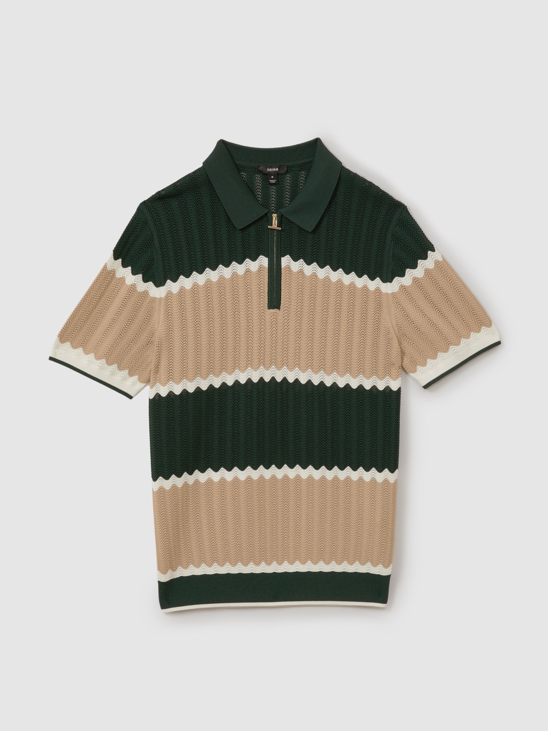 Alton Forest Green/Light Camel Knitted Zig-Zag Half-Zip Polo Shirt - Image 2 of 6