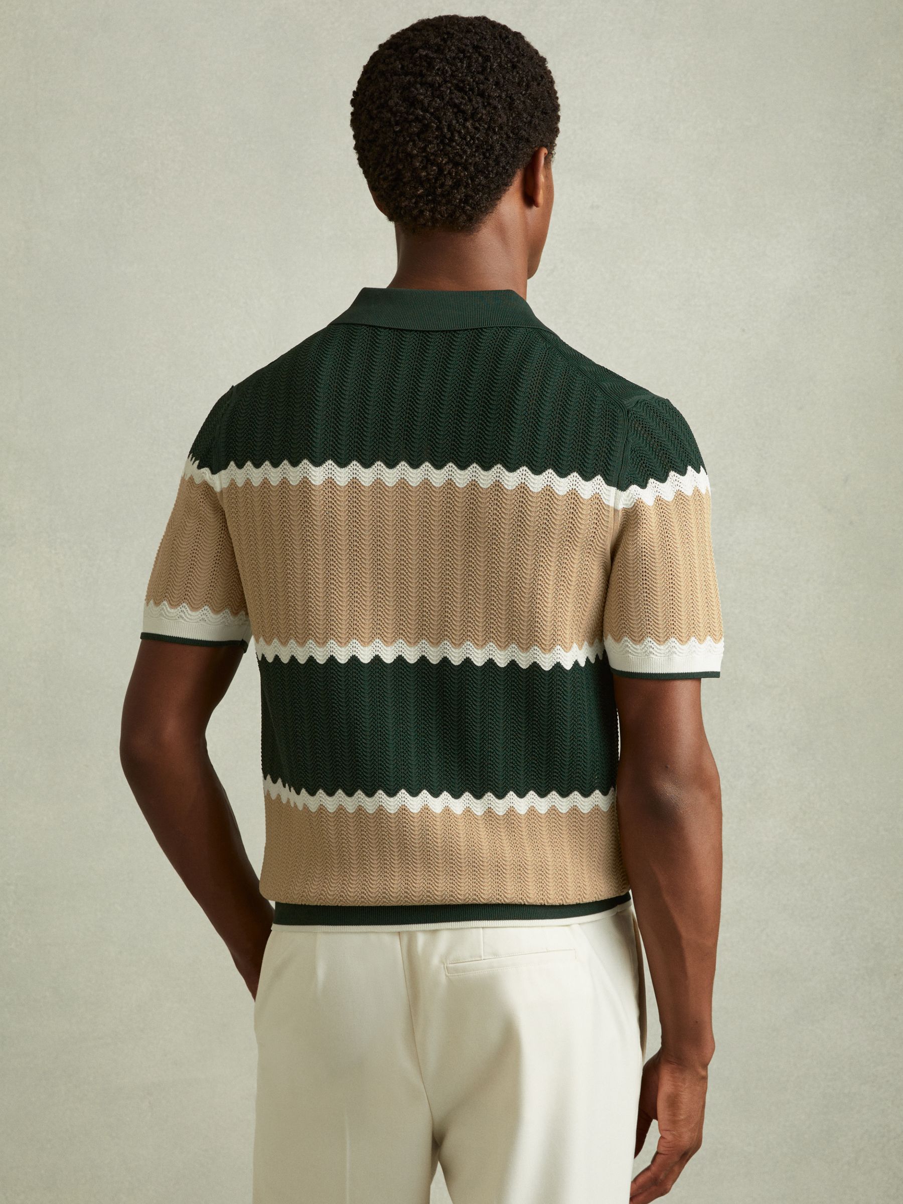Alton Forest Green/Light Camel Knitted Zig-Zag Half-Zip Polo Shirt - Image 5 of 6