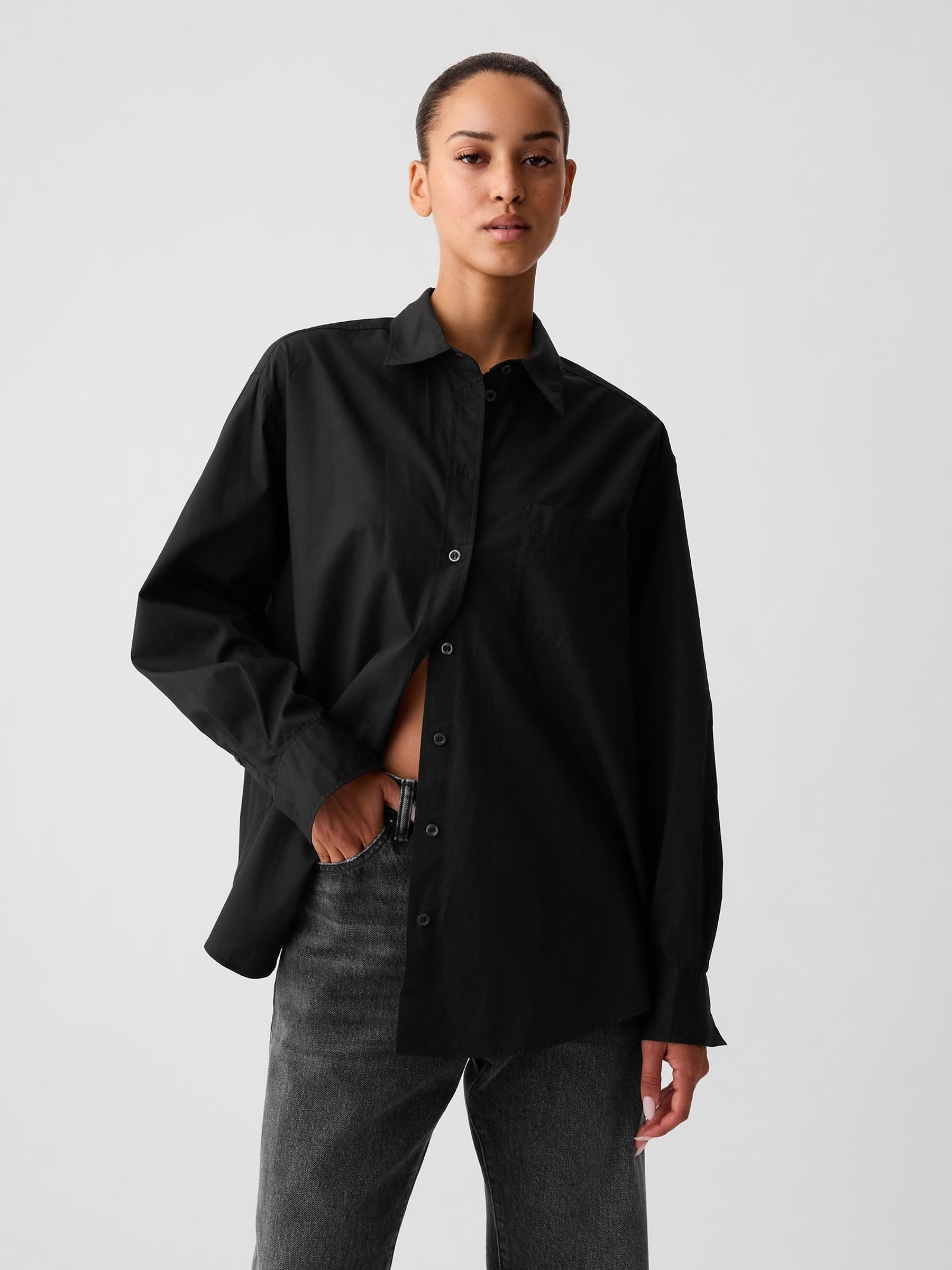 Black Cotton Long Sleeve Oversized Shirt - Image 3 of 5
