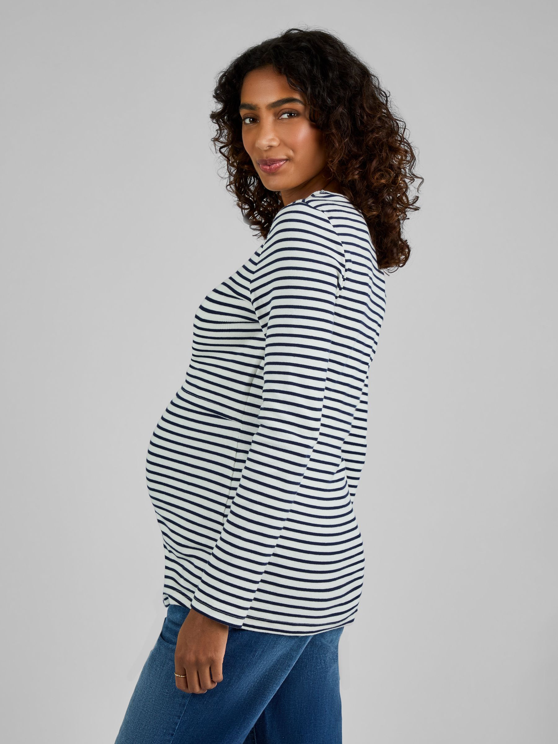 Ecru Cream & Black Stripe Ribbed Jersey Maternity & Nursing Top - Image 2 of 4