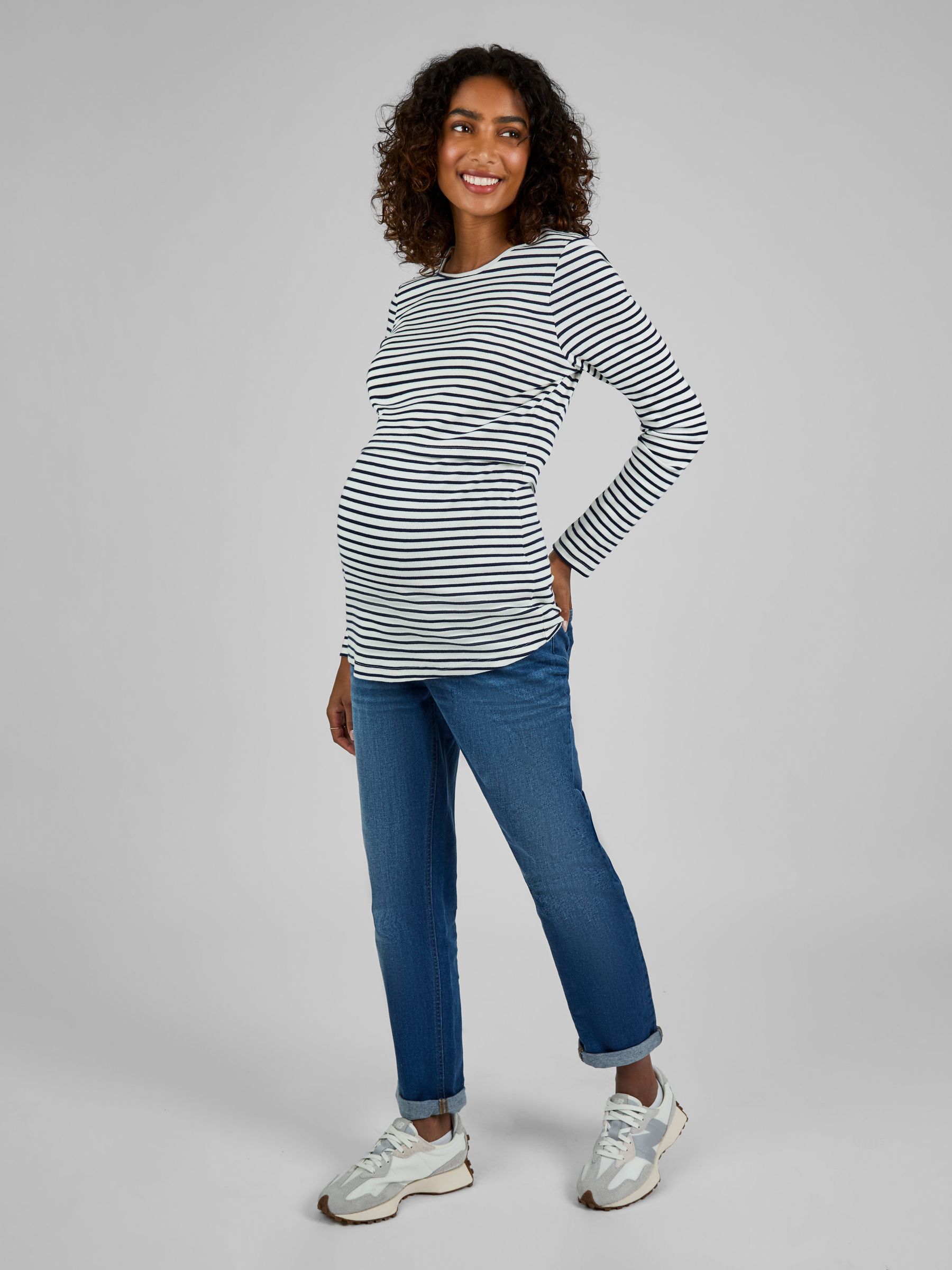 Ecru Cream & Black Stripe Ribbed Jersey Maternity & Nursing Top - Image 3 of 4
