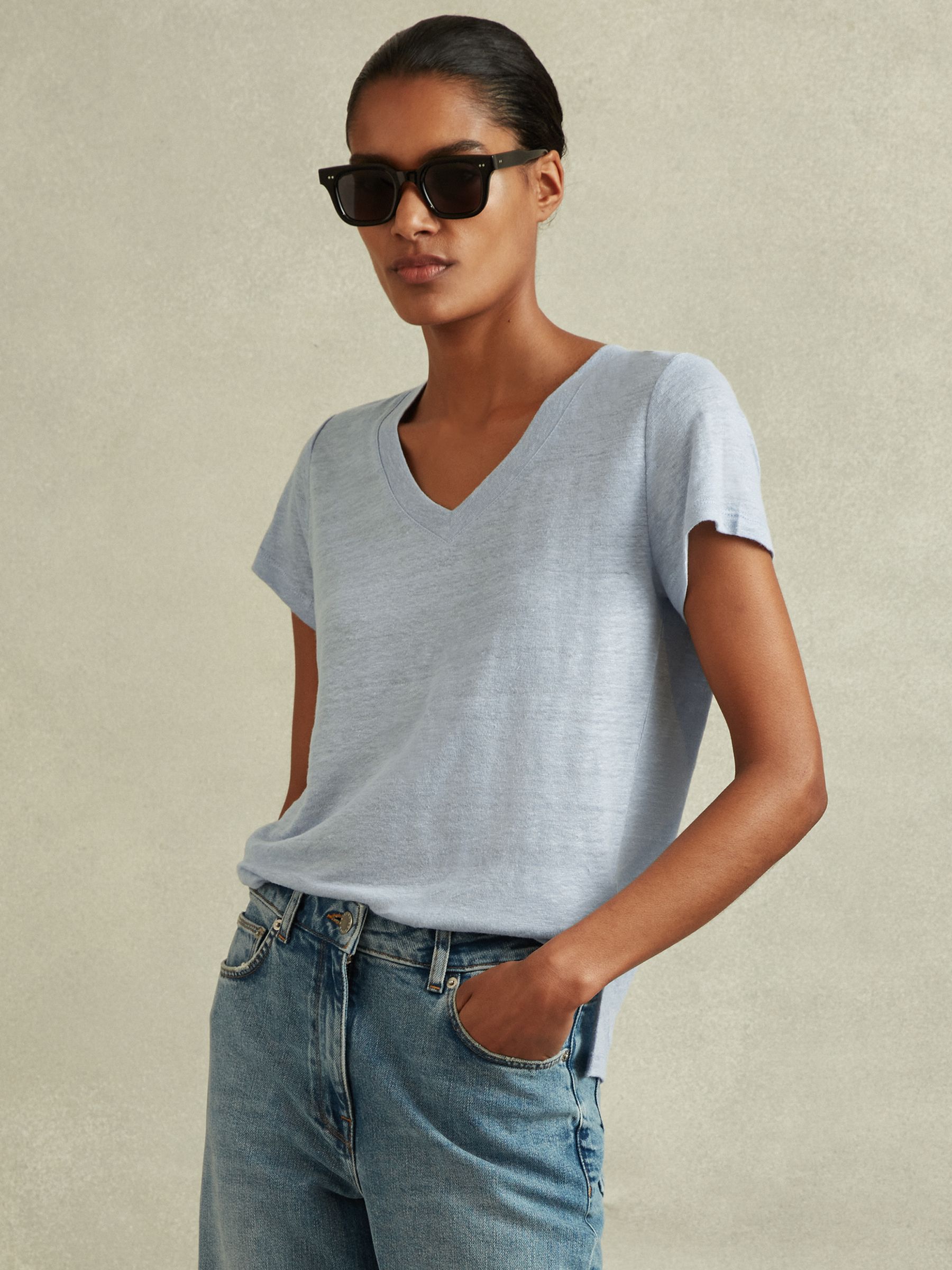 Marled Linen V Neck T-Shirt in Light Blue - Image 1 of 6 Marled Linen V Neck T-Shirt in Light Blue - Image 1 of 6