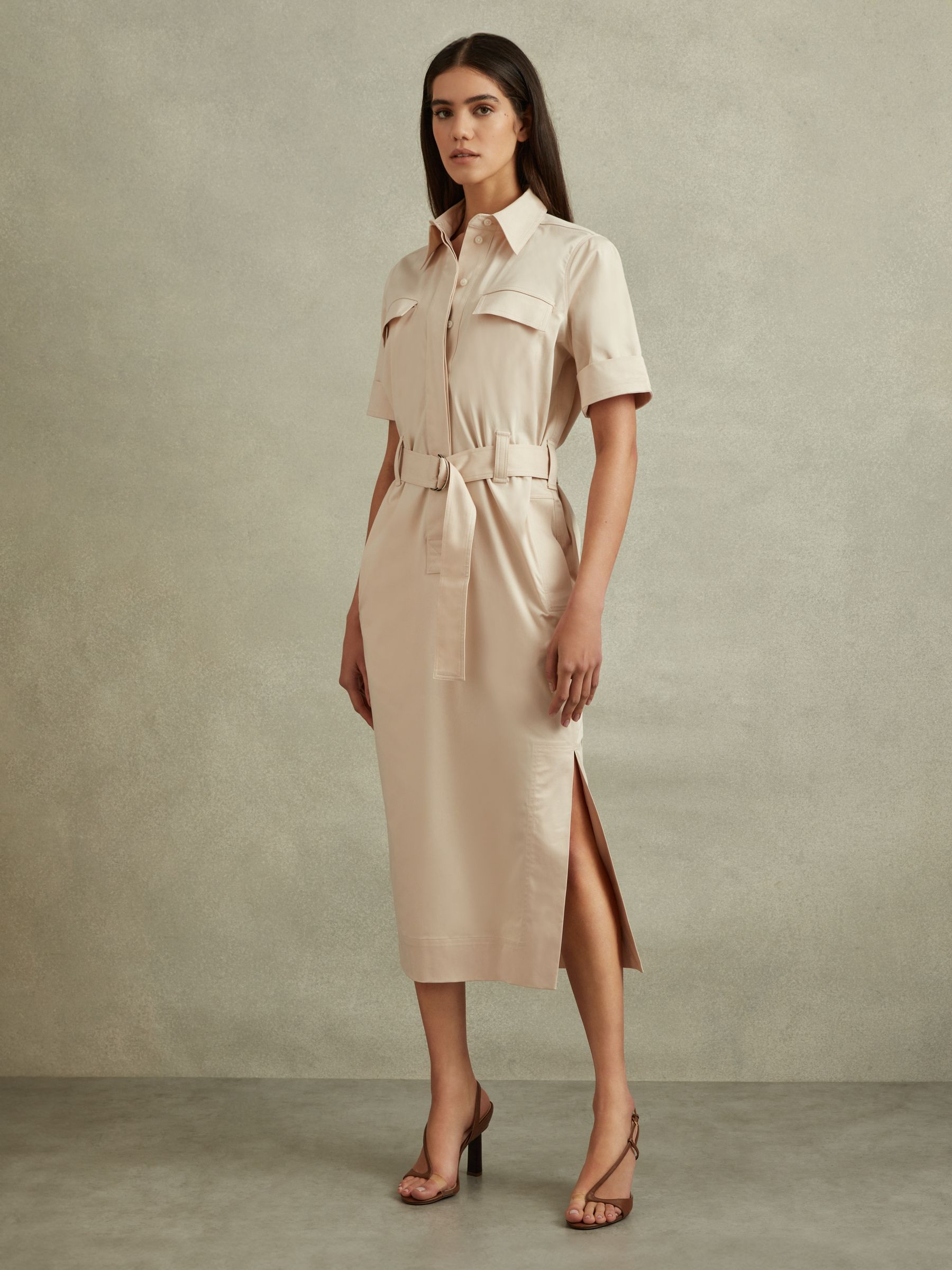 Cotton Blend Utility Belted Midi Dress in Stone - Image 3 of 6