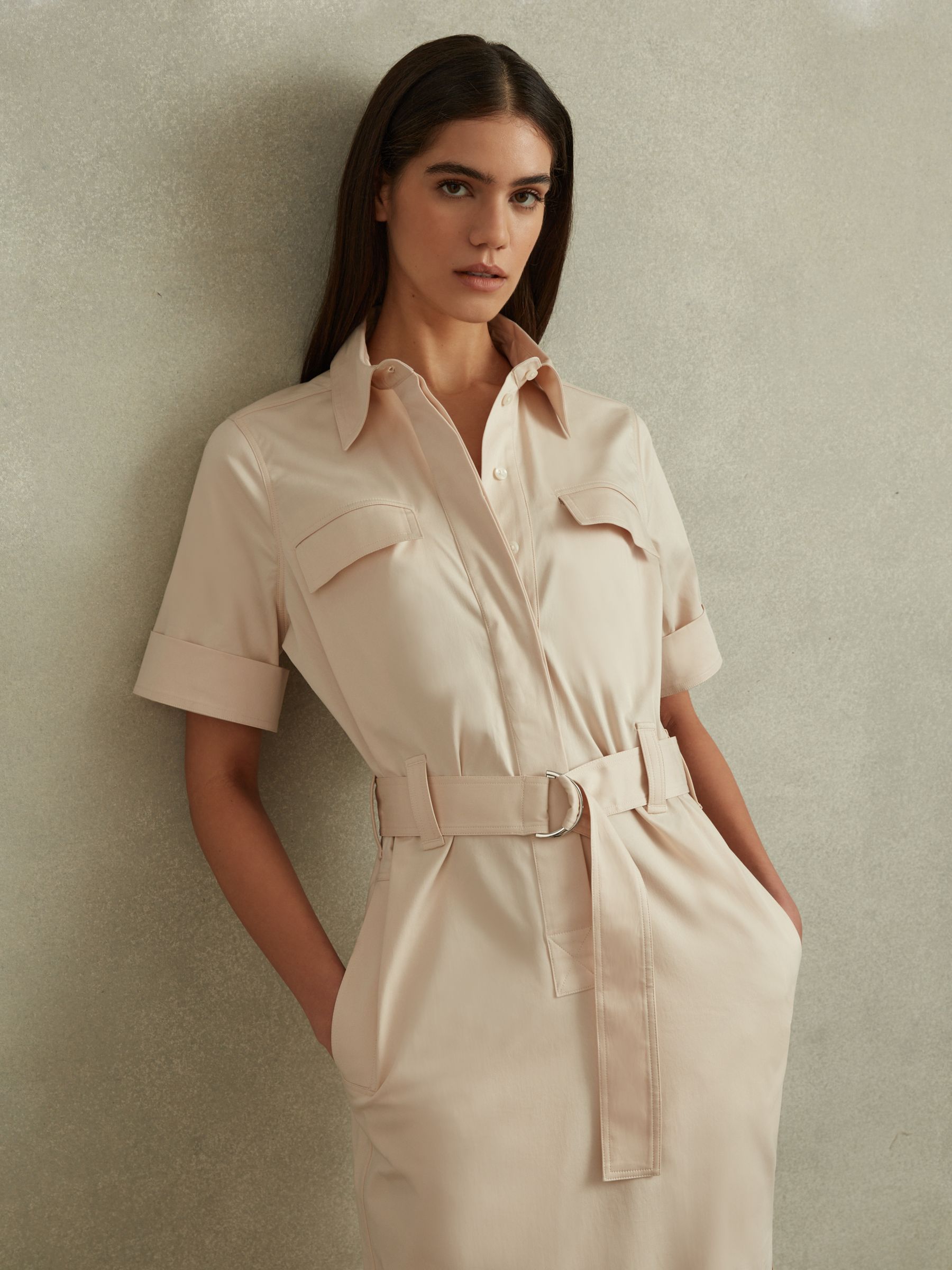 Cotton Blend Utility Belted Midi Dress in Stone - Image 4 of 6