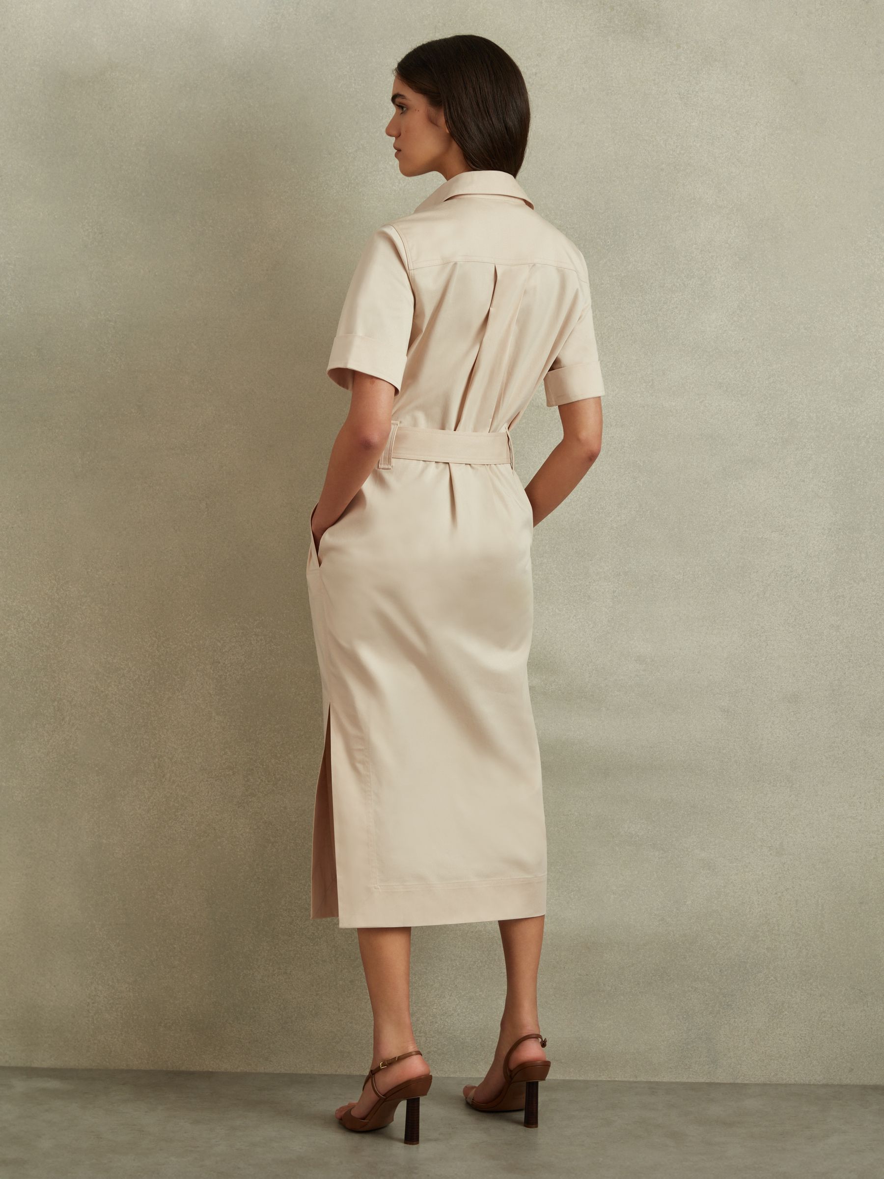 Cotton Blend Utility Belted Midi Dress in Stone - Image 5 of 6