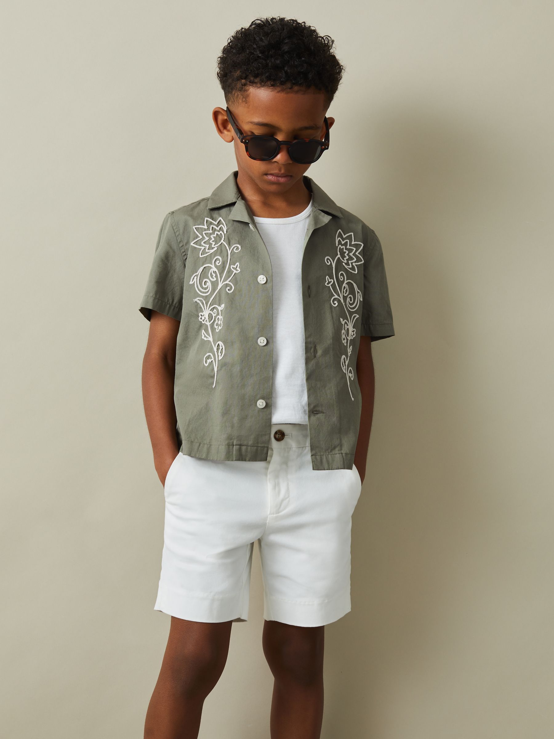 9-13 yrs Cotton Embroidered Cuban Collar Shirt in Sage/Off White - Image 1 of 4