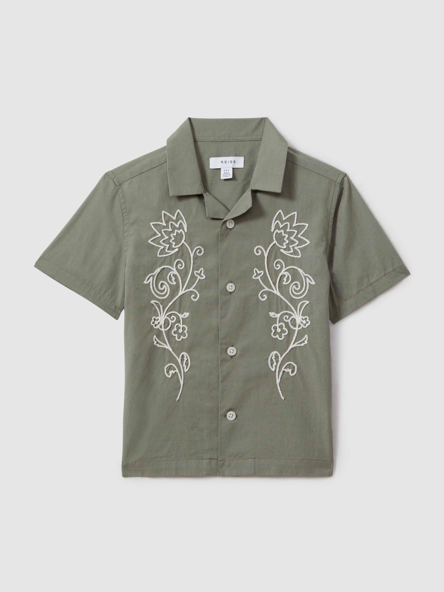 9-13 yrs Cotton Embroidered Cuban Collar Shirt in Sage/Off White - Image 2 of 4