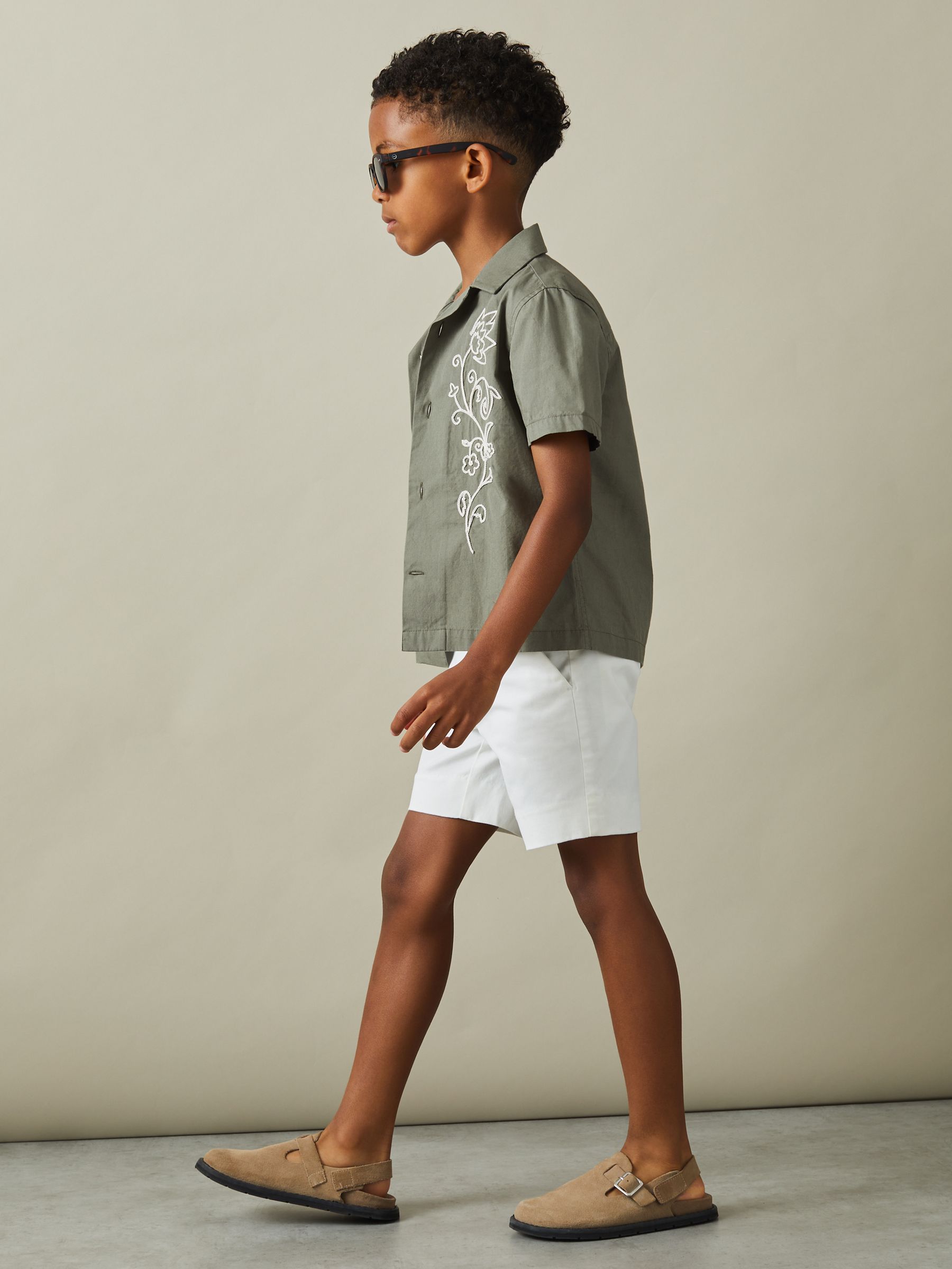 9-13 yrs Cotton Embroidered Cuban Collar Shirt in Sage/Off White - Image 3 of 4