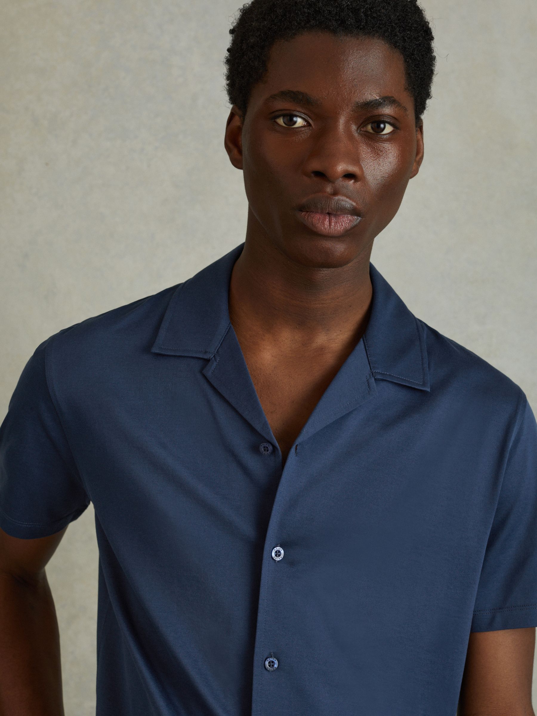 Mercerised 100% Cotton Jersey Cuban Collar Shirt in Airforce Blue - Image 1 of 6 Mercerised 100% Cotton Jersey Cuban Collar Shirt in Airforce Blue - Image 1 of 6