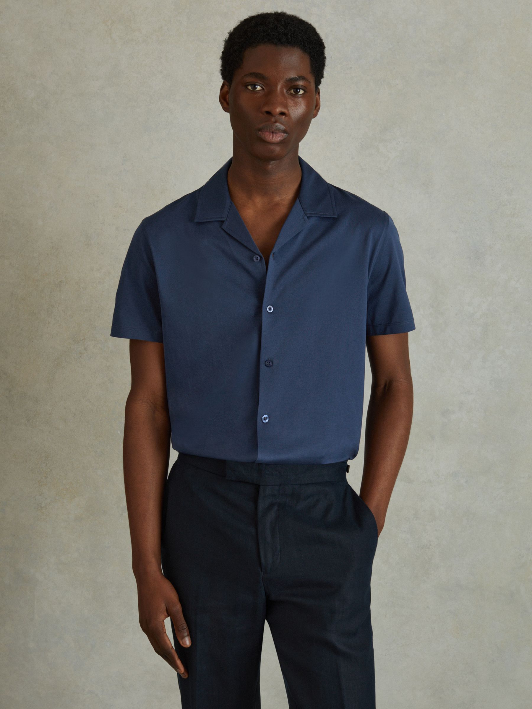 Mercerised 100% Cotton Jersey Cuban Collar Shirt in Airforce Blue - Image 4 of 6