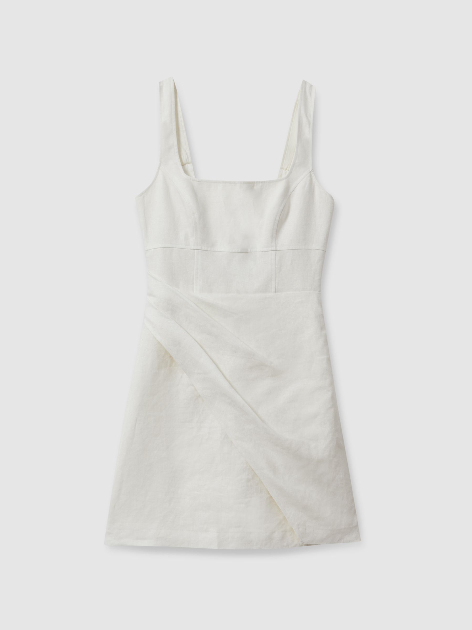 Linen Pleat Detail Mini Dress in Cream - Image 2 of 5
