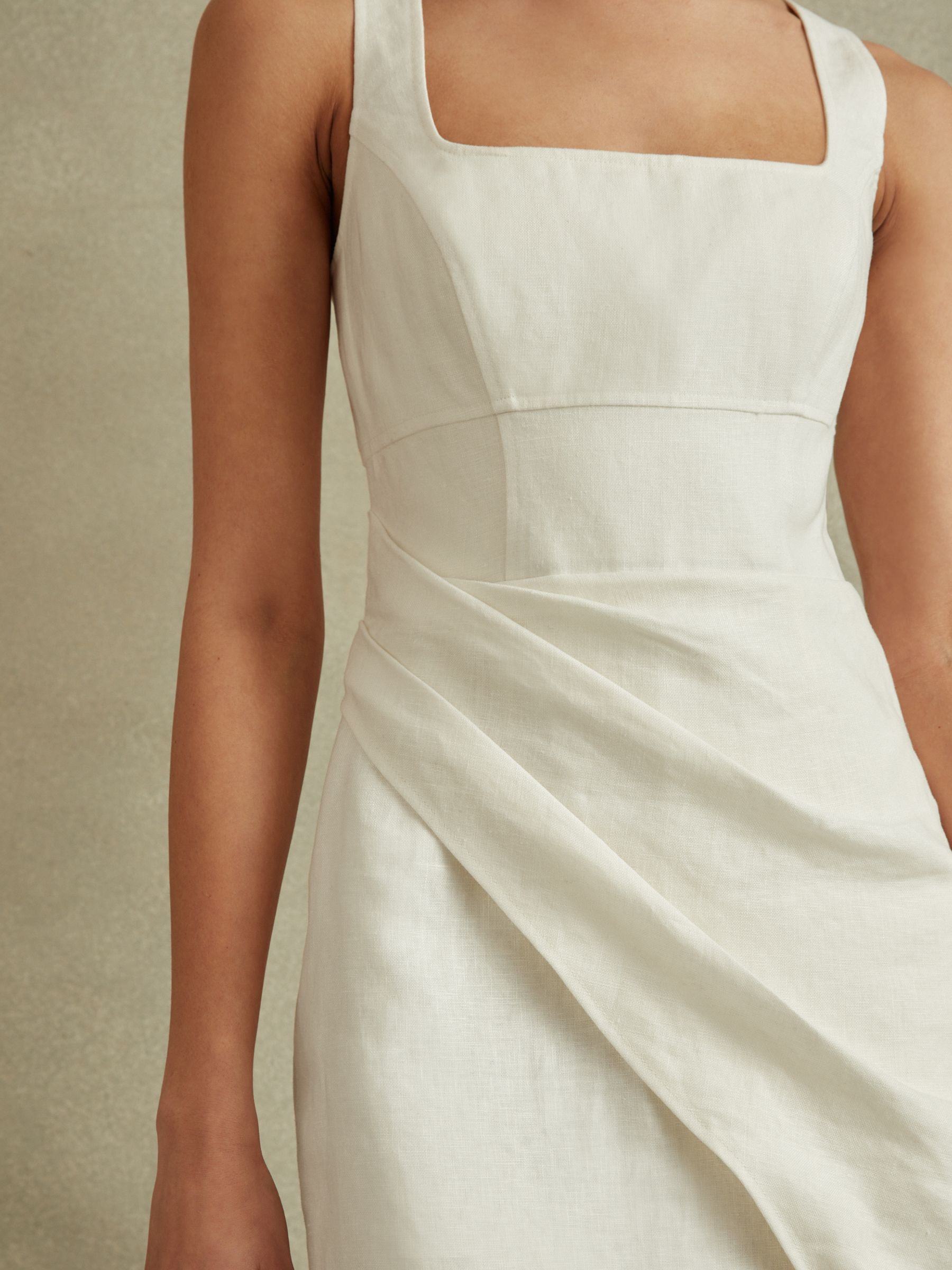 Linen Pleat Detail Mini Dress in Cream - Image 3 of 5