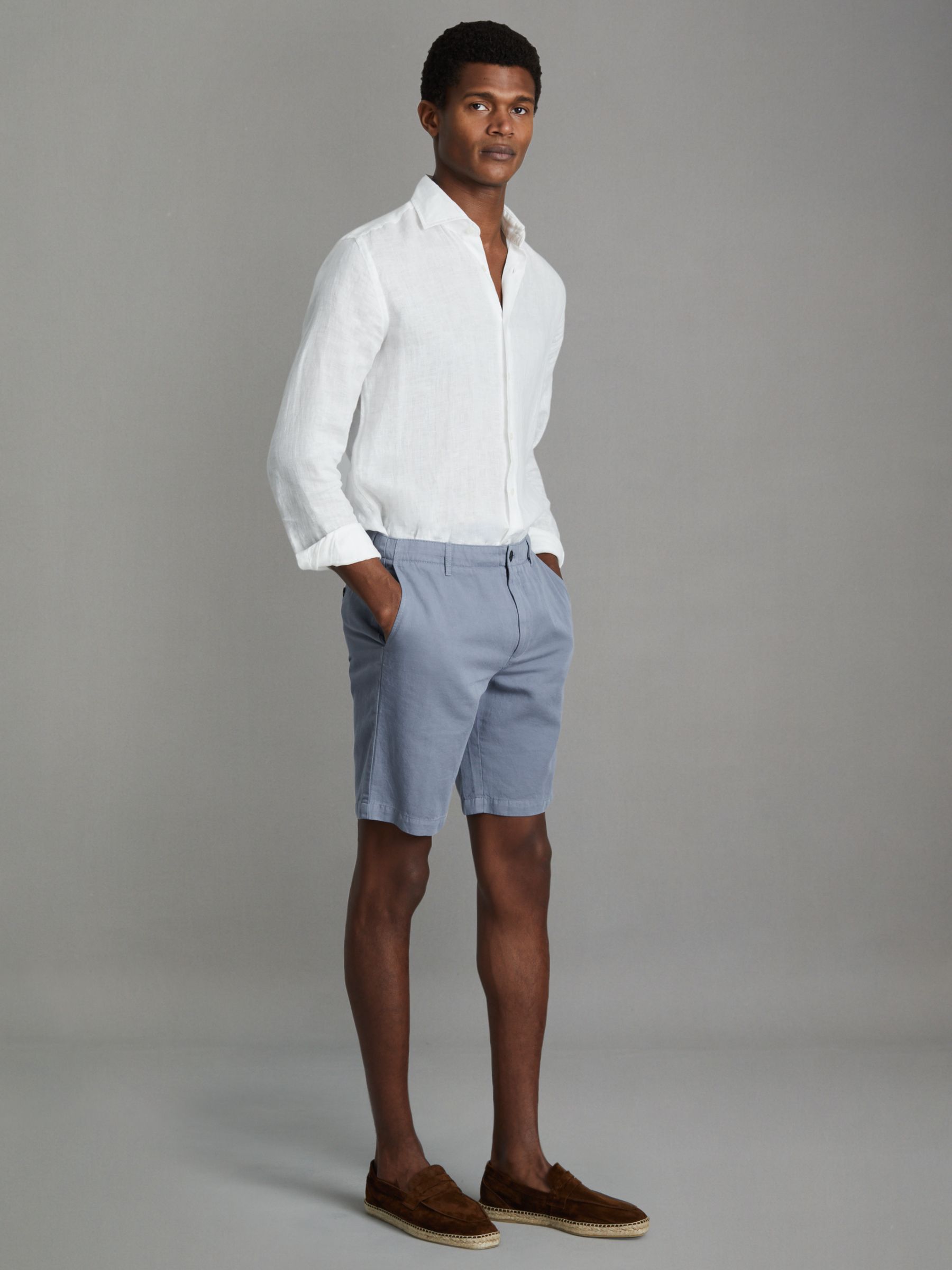 Cotton Linen Blend Internal Drawstring Shorts in Airforce Blue - Image 1 of 6