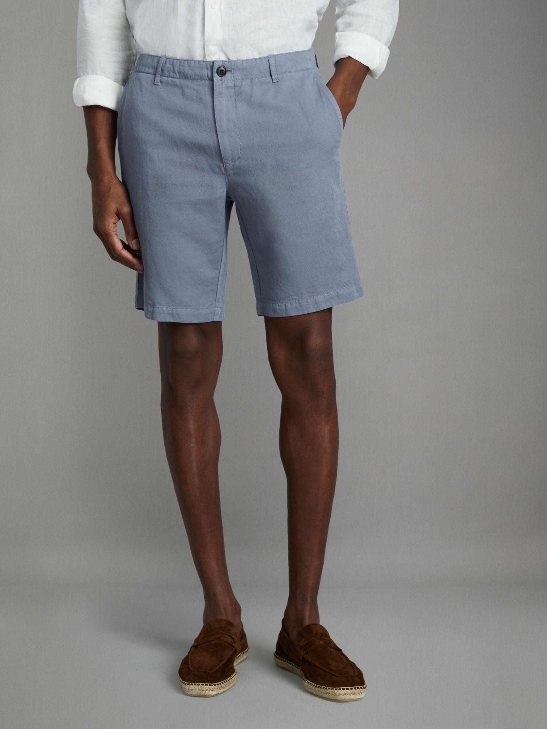 Cotton Linen Blend Internal Drawstring Shorts in Airforce Blue - Image 3 of 6