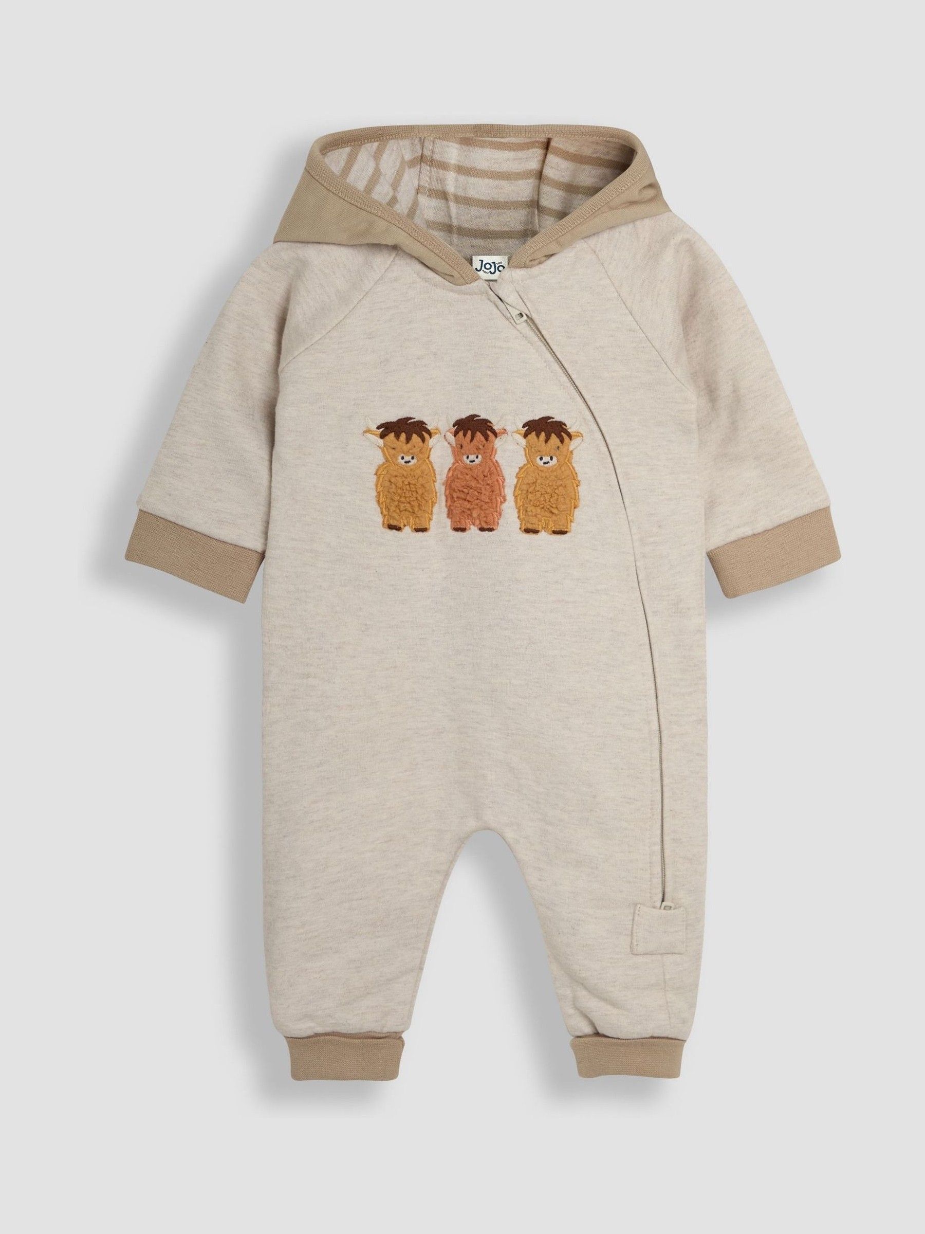 Natural Highland Cow Appliqué Zip Up Hooded Romper - Image 1 of 3