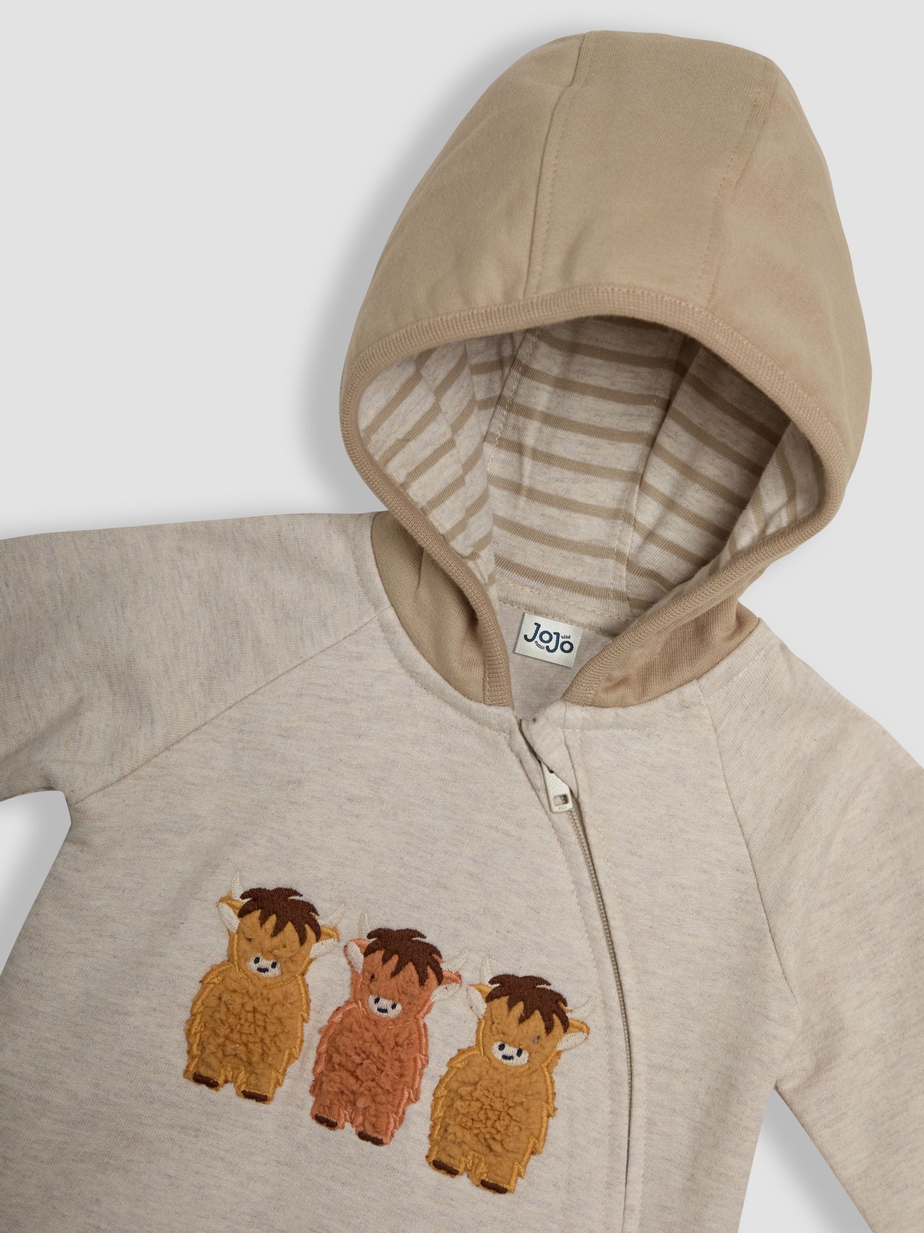 Natural Highland Cow Appliqué Zip Up Hooded Romper - Image 3 of 3