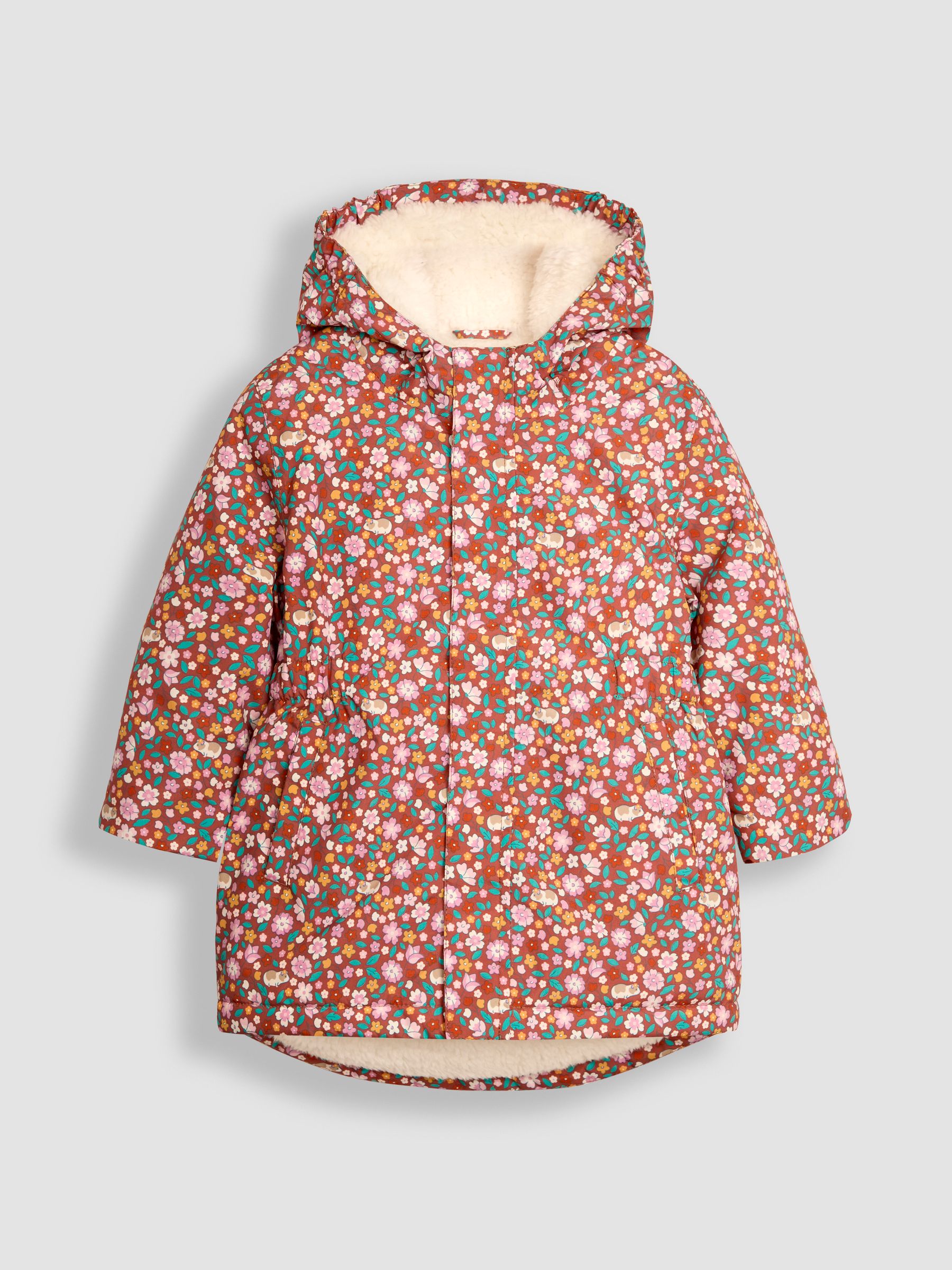 Toffee Brown Floral Hooded Cosy Lined Printed Parka - Image 1 of 3