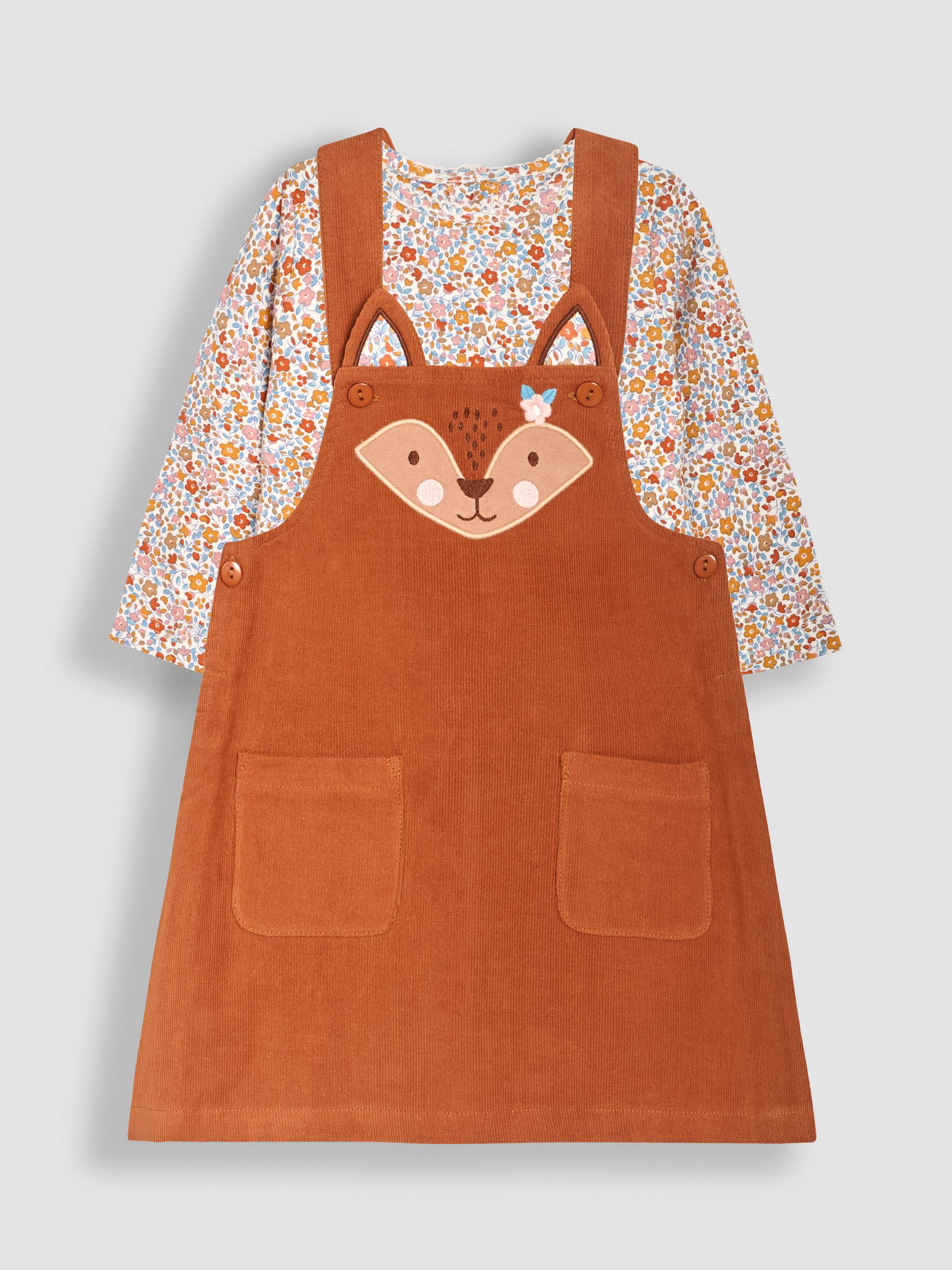 Brown Fox Appliqué Cord Dress & Floral Top Set - Image 1 of 6