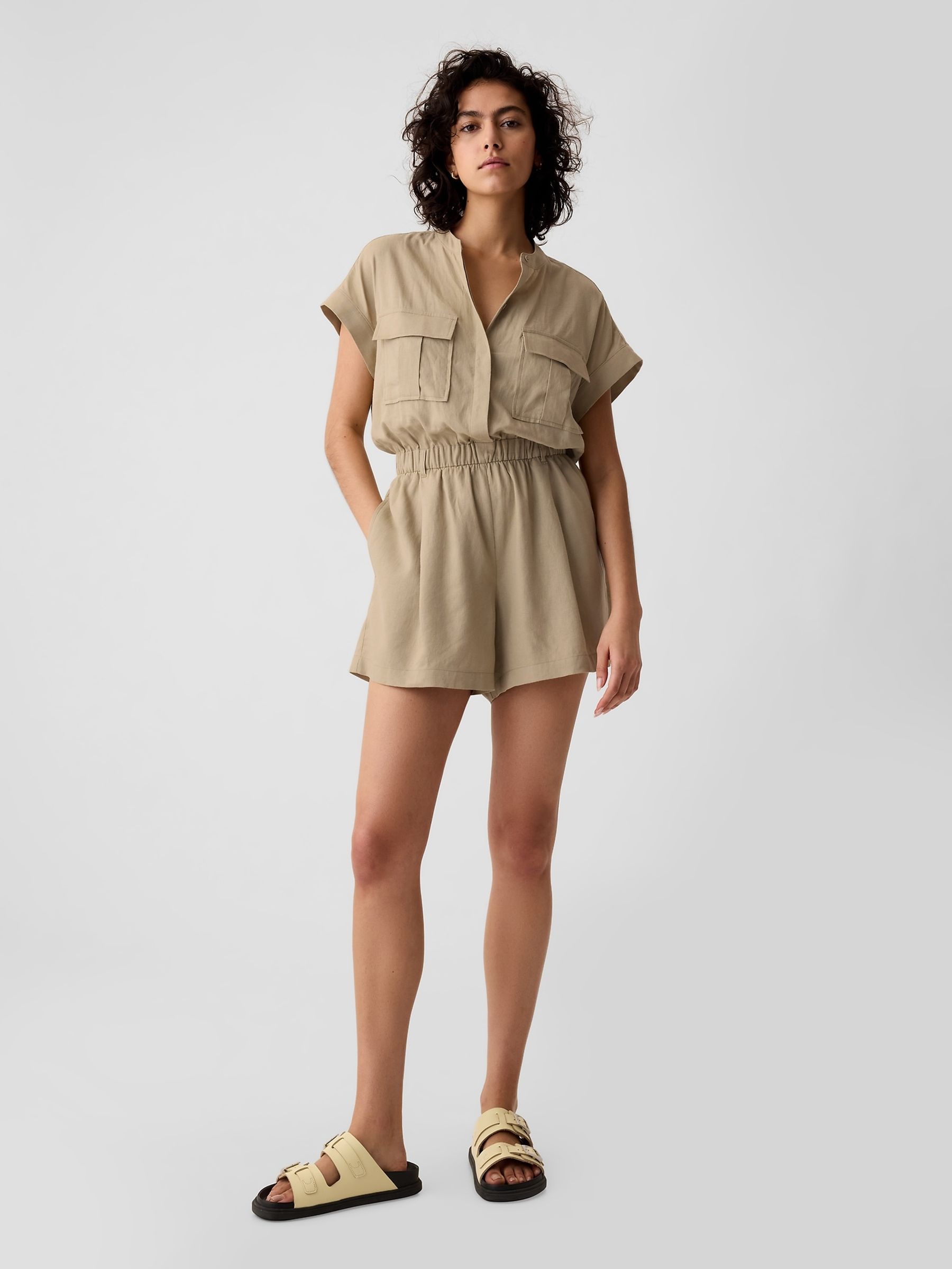 Brown Linen Blend Utility Playsuit - Image 2 of 4