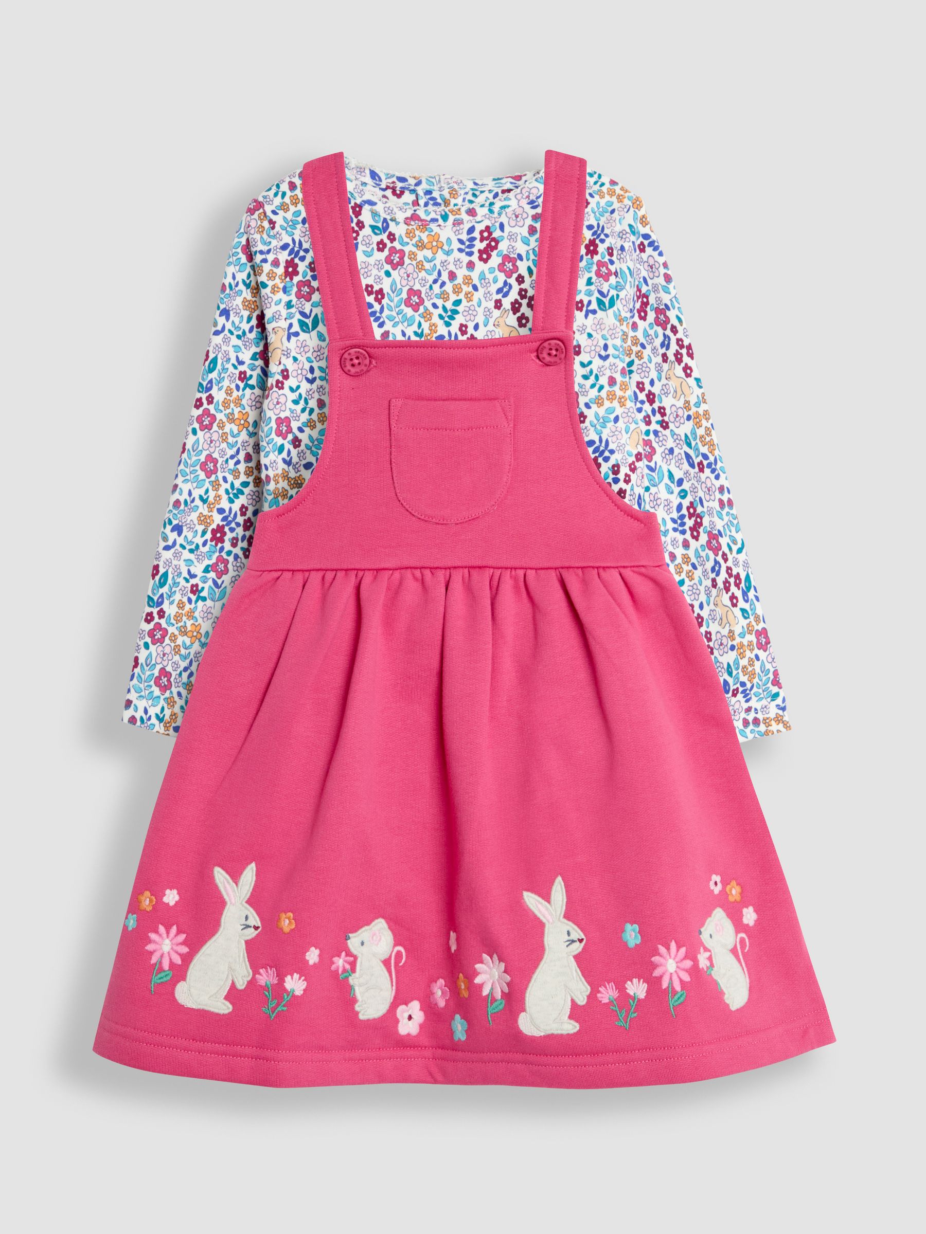 Raspberry Pink Bunny Appliqué Pinafore Dress & Top Set - Image 1 of 6