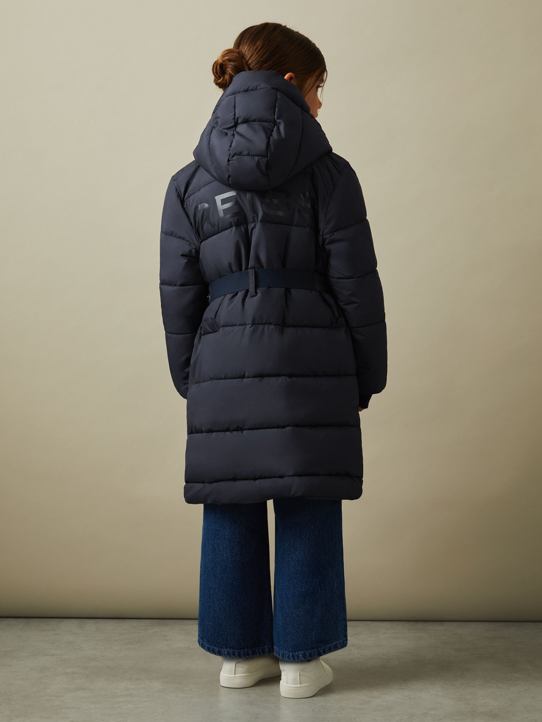 9-13 yrs Water Resistant Belted Puffer Coat in Navy - Image 4 of 5