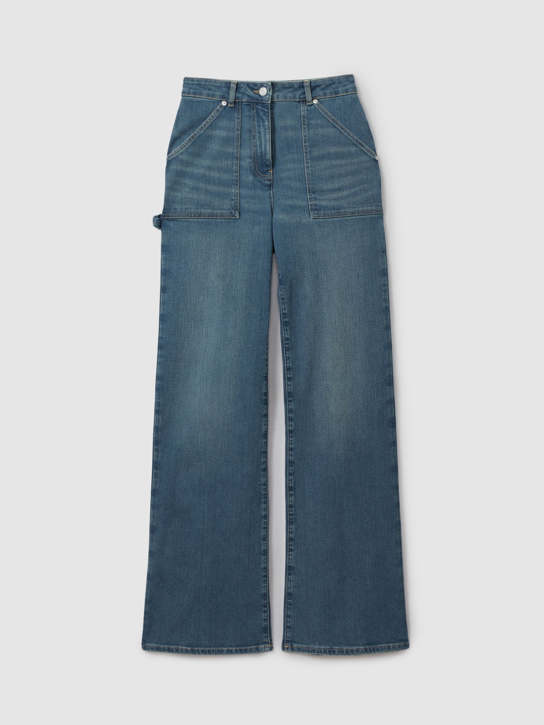 Petite Mid Rise Flared Utility Jeans in Mid Blue - Image 2 of 7
