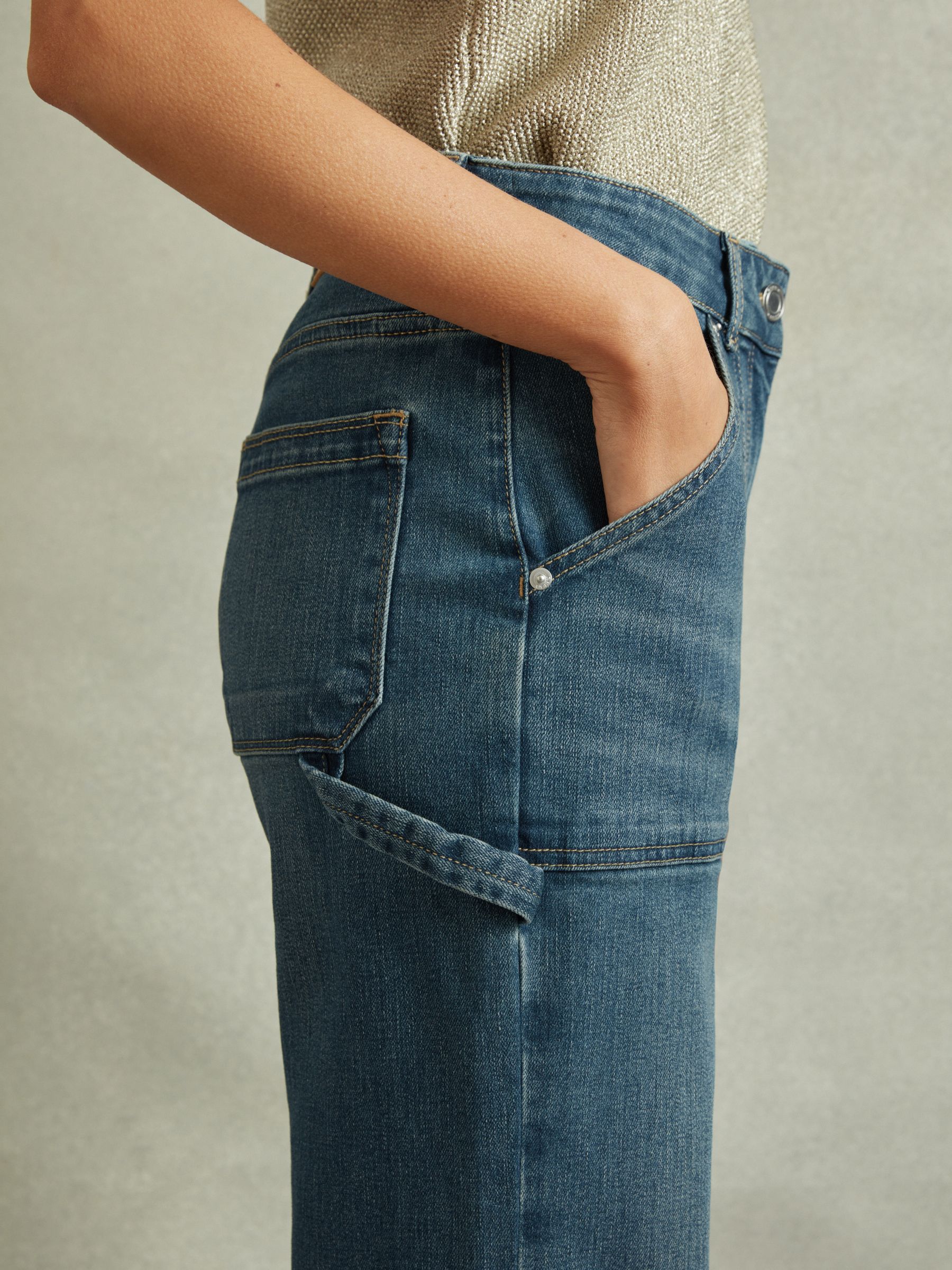 Petite Mid Rise Flared Utility Jeans in Mid Blue - Image 4 of 7