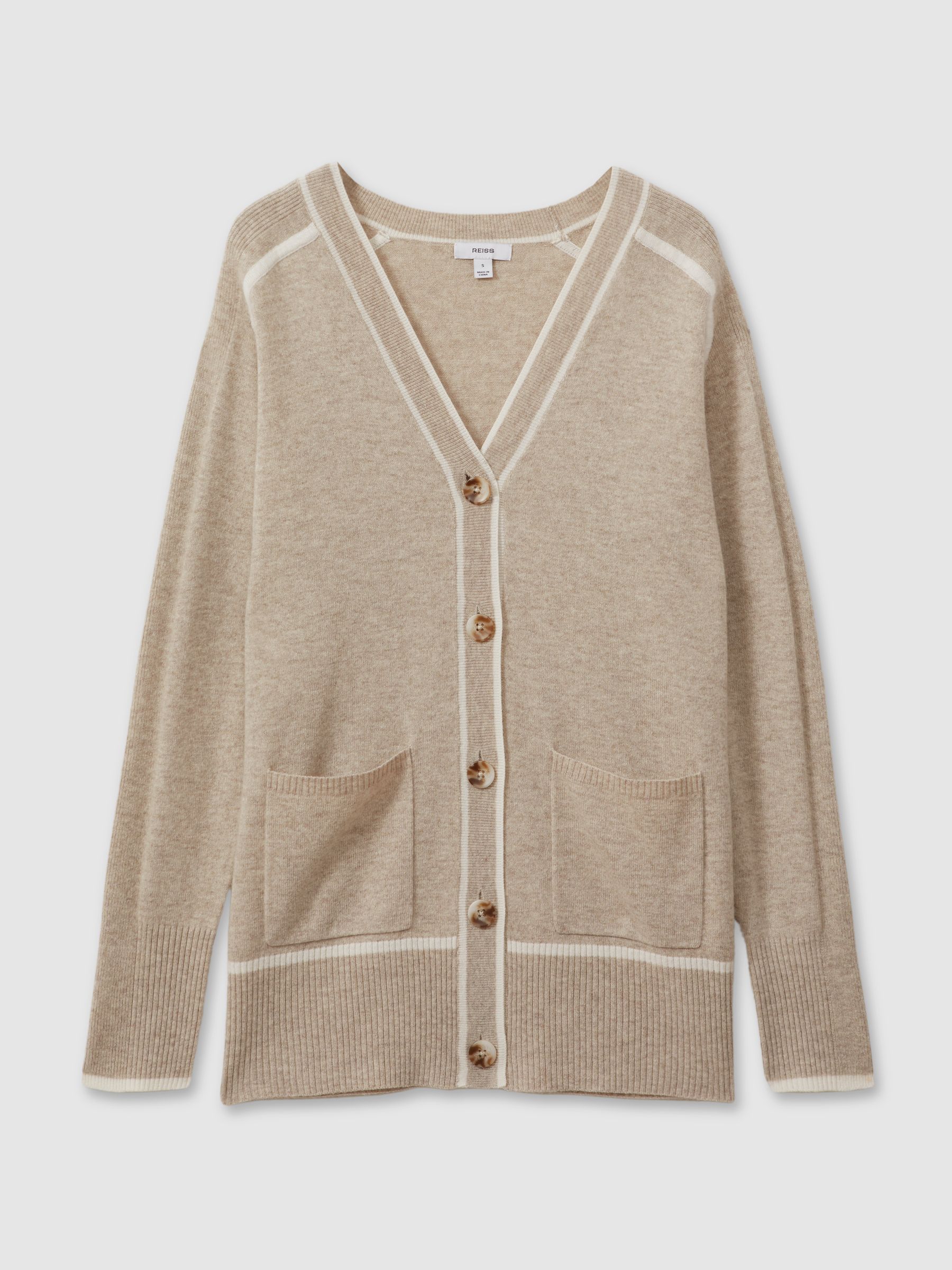 Wool Blend Contrast Tipped Cardigan with Cashmere in Neutral/White - Image 2 of 6