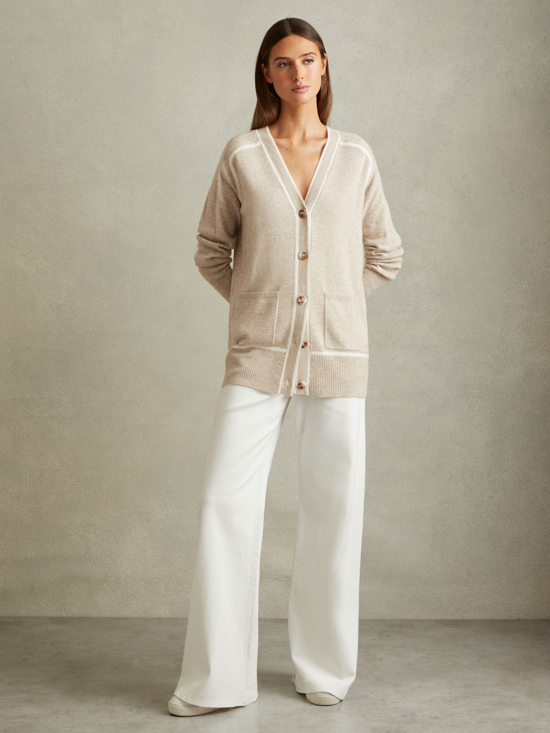 Wool Blend Contrast Tipped Cardigan with Cashmere in Neutral/White - Image 3 of 6