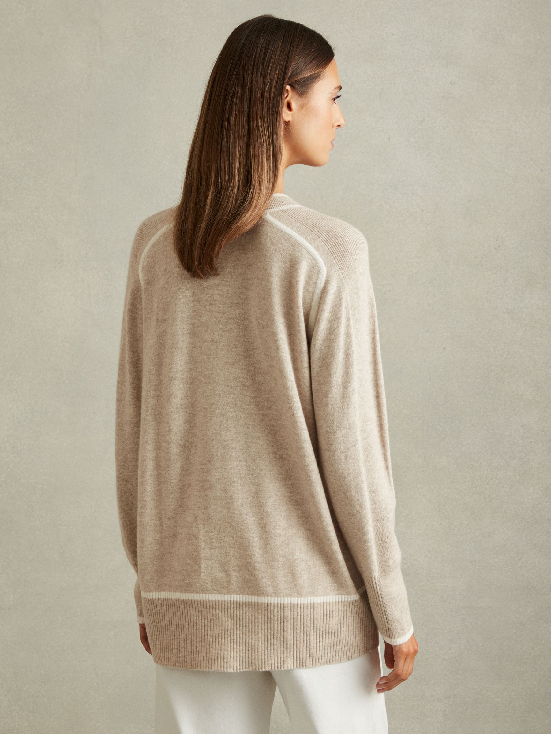Wool Blend Contrast Tipped Cardigan with Cashmere in Neutral/White - Image 5 of 6