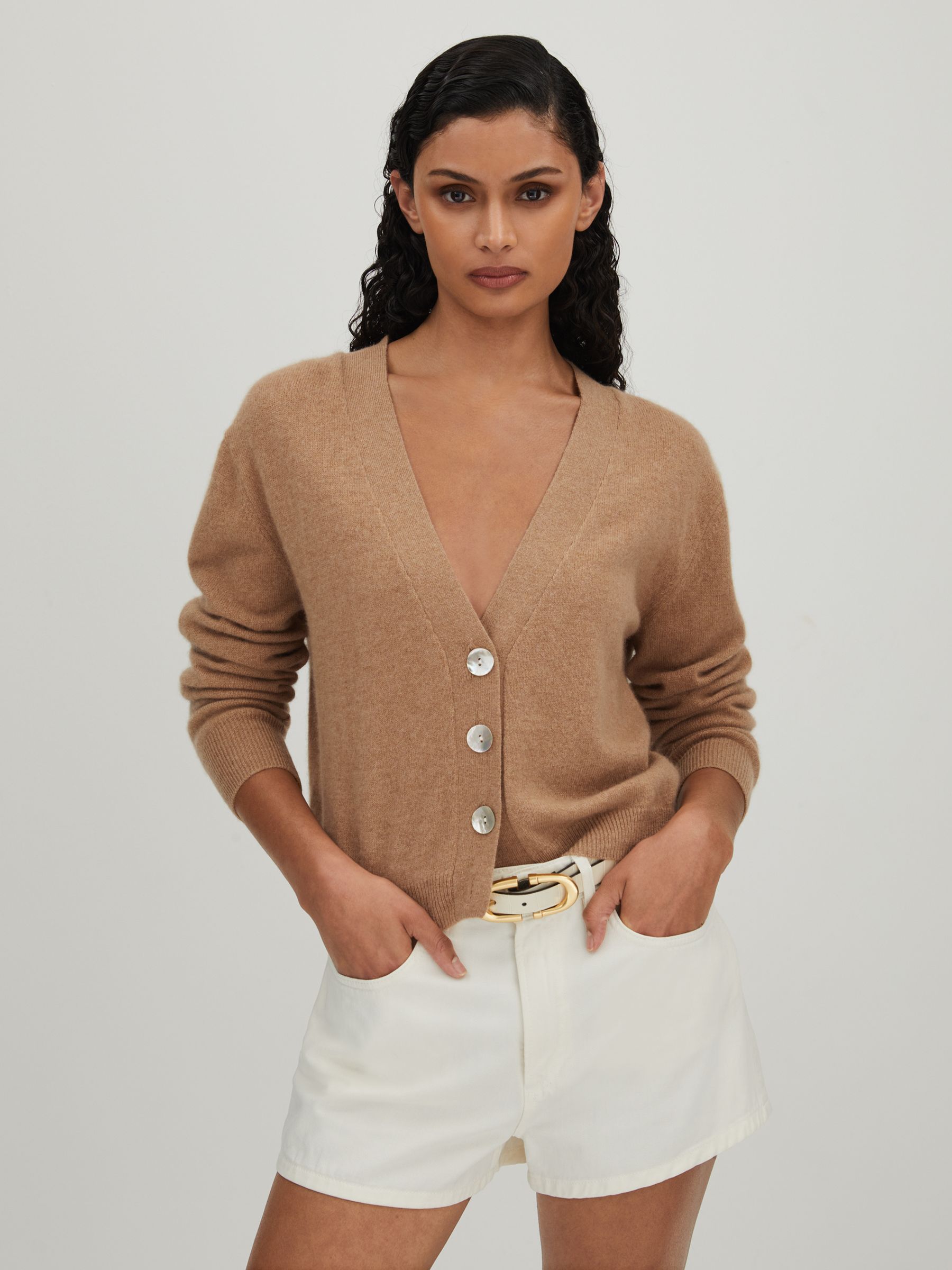 CRUSH Collection Cashmere Cardigan in Soft Camel - Image 1 of 6