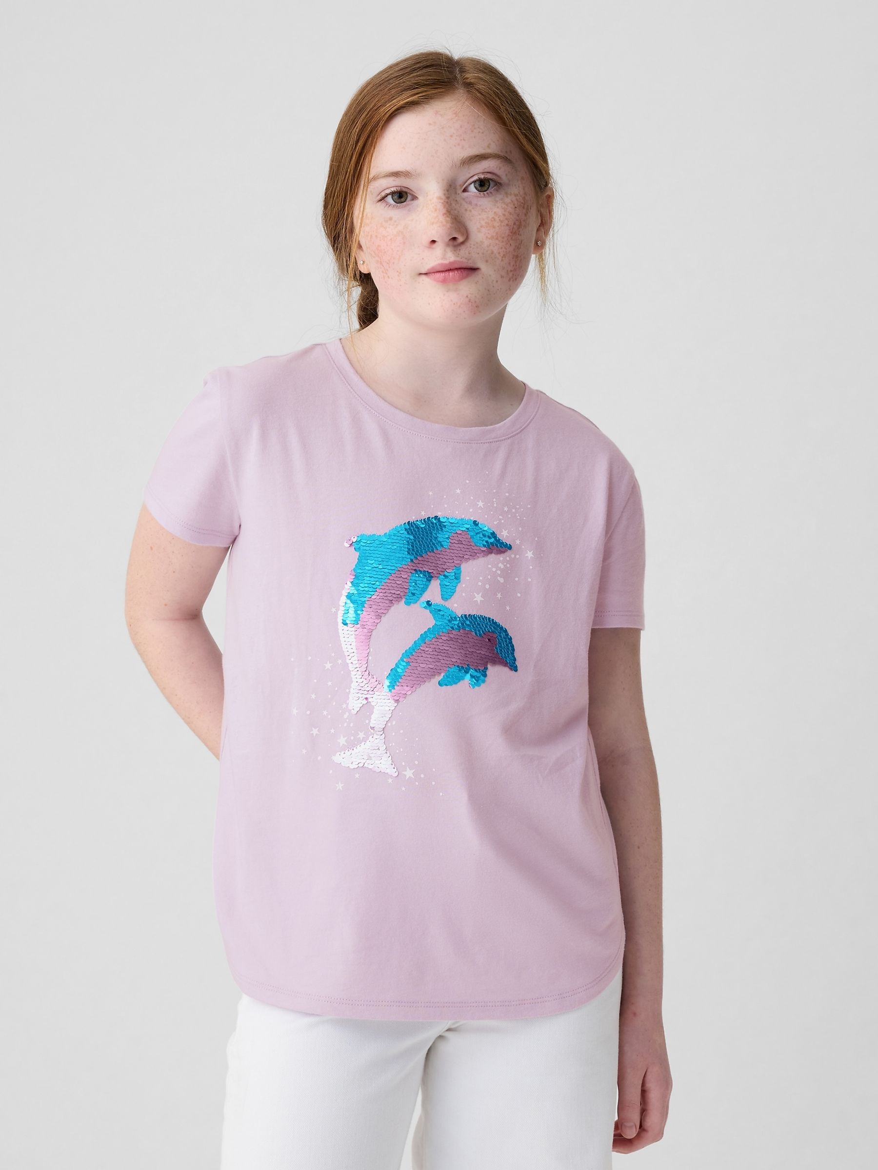 Purple Dolphin Cotton Flippy Sequin Graphic Short Sleeve T-Shirt (4-13yrs) - Image 1 of 4