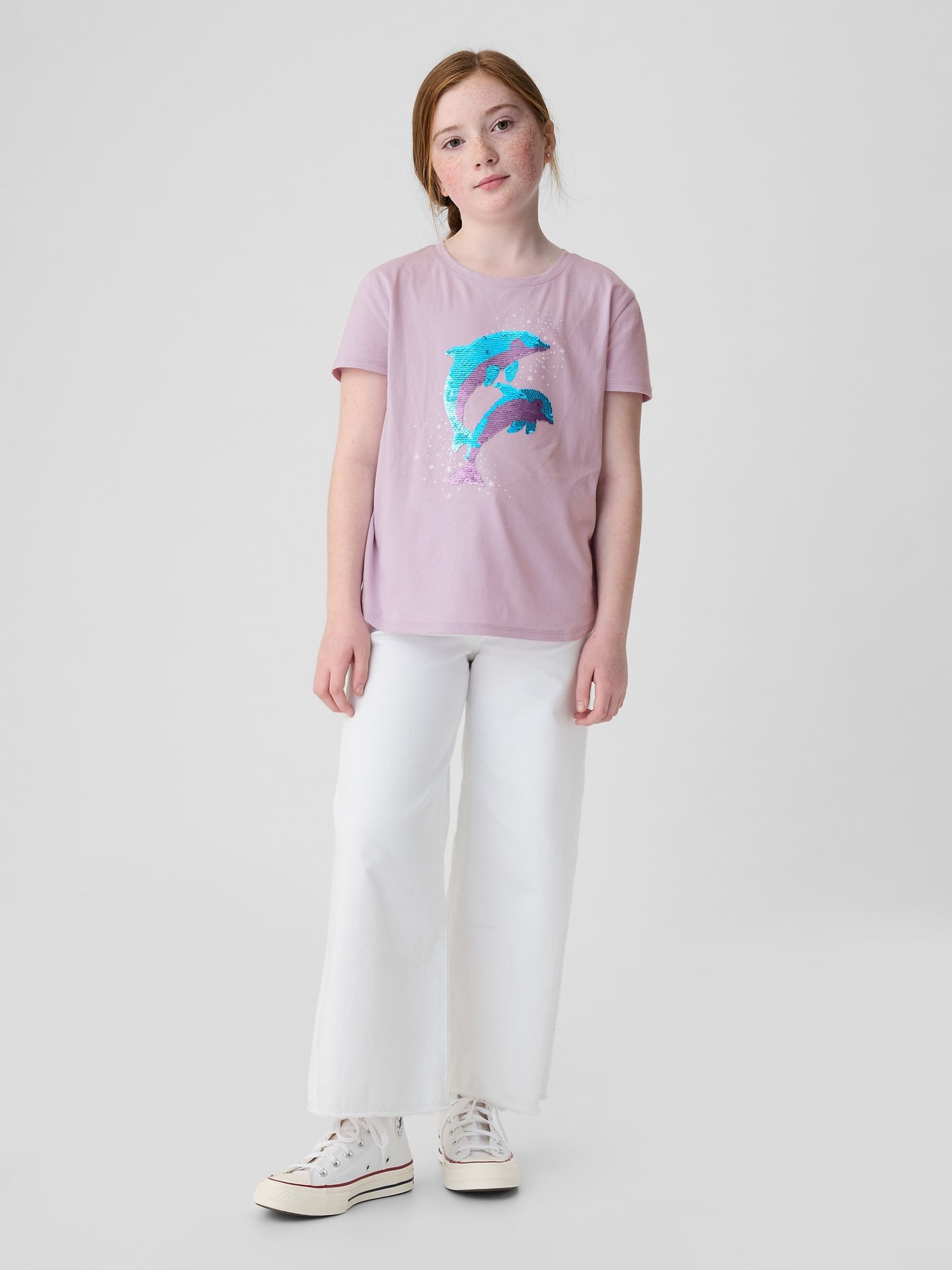 Purple Dolphin Cotton Flippy Sequin Graphic Short Sleeve T-Shirt (4-13yrs) - Image 3 of 4