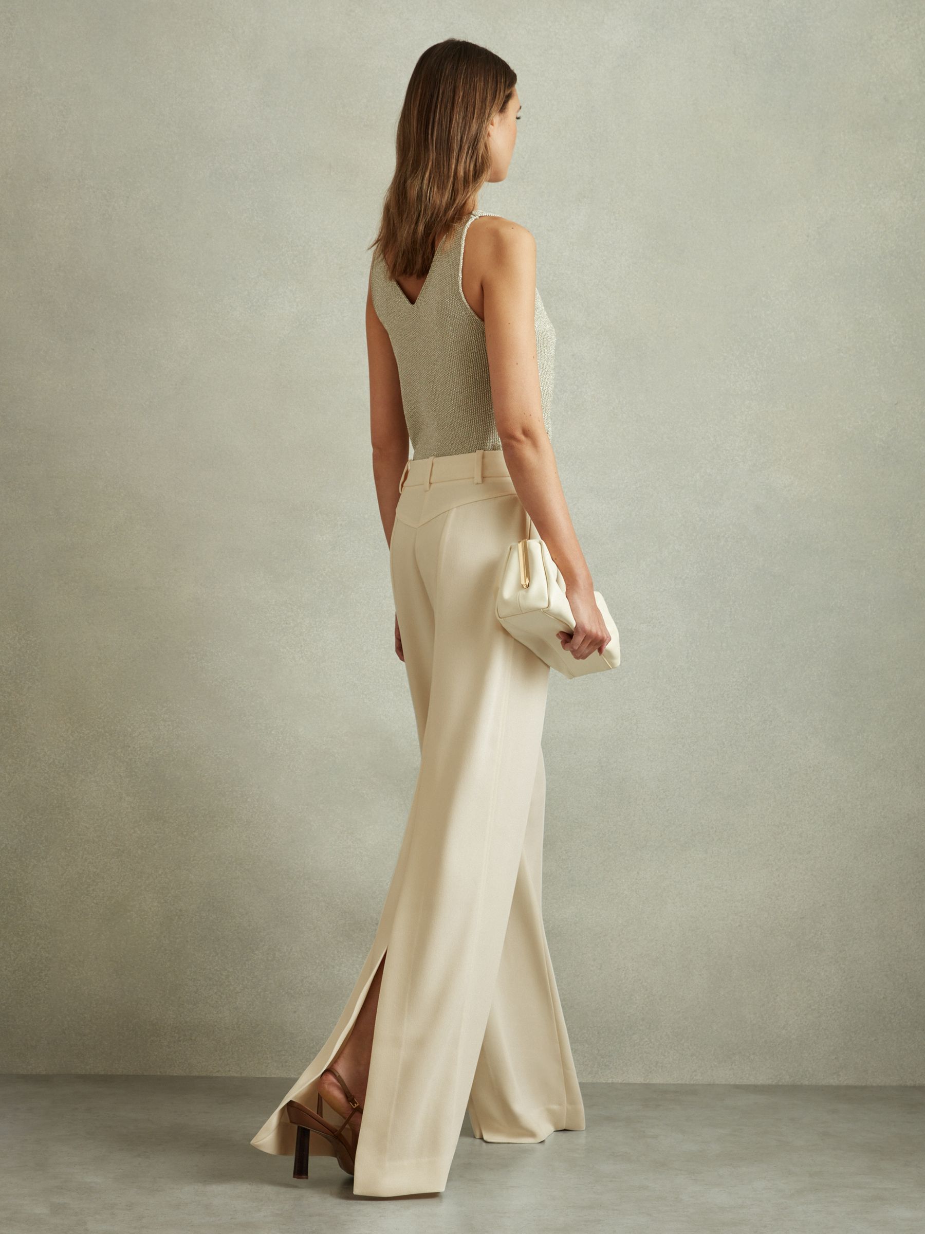 Reiss Petite Wide Leg Split Hem Trousers in Cream - REISS
