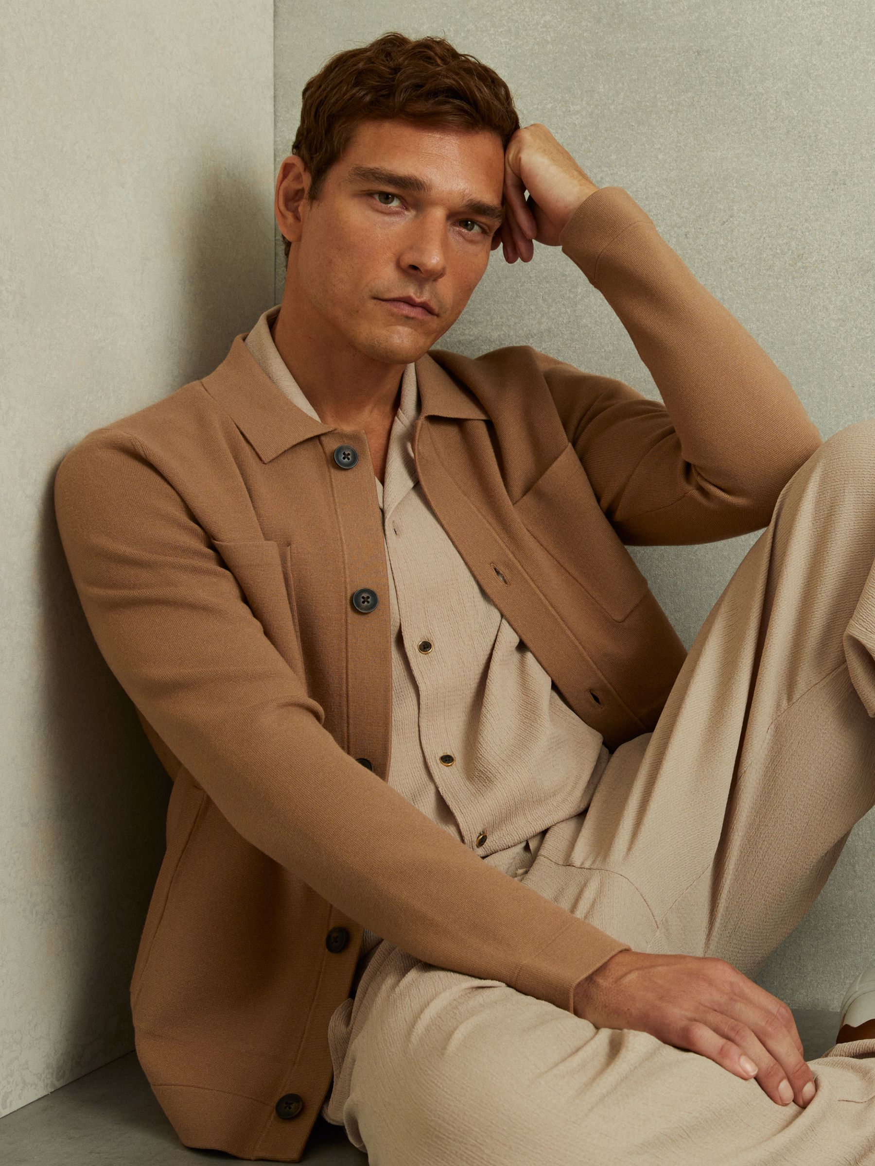 Knitted Button-Through Jacket in Camel - Image 1 of 5