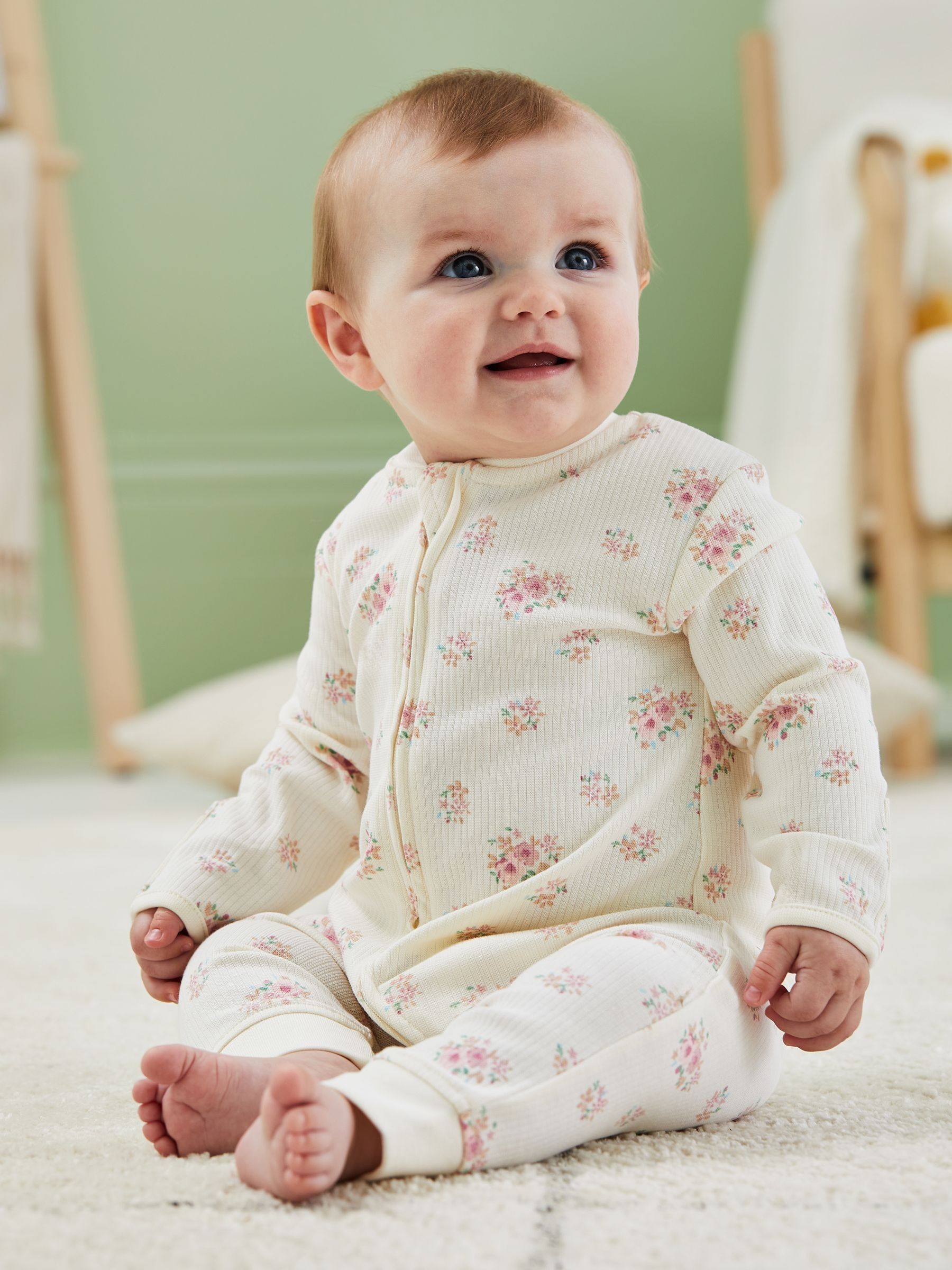 Cream Rose Print Ribbed Footless Sleepsuit - Image 1 of 6