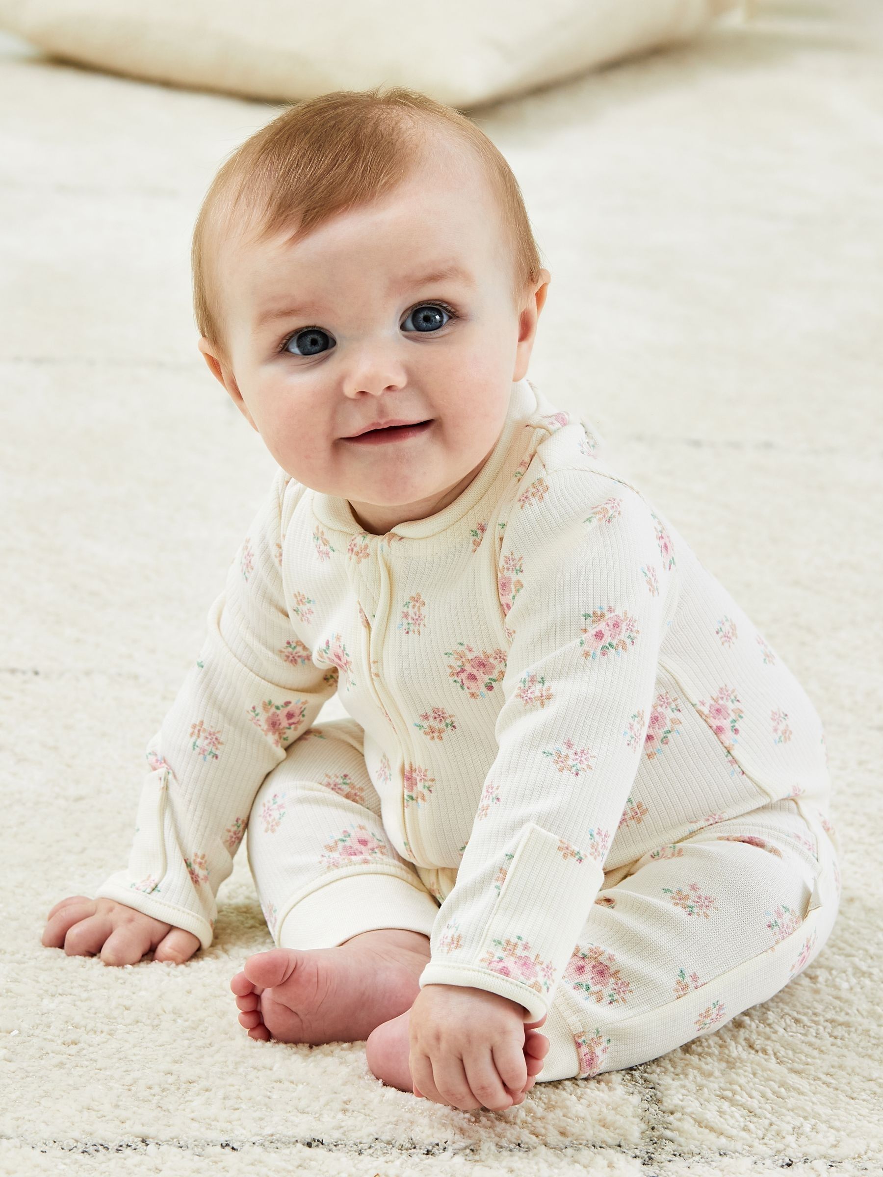 Cream Rose Print Ribbed Footless Sleepsuit - Image 2 of 6