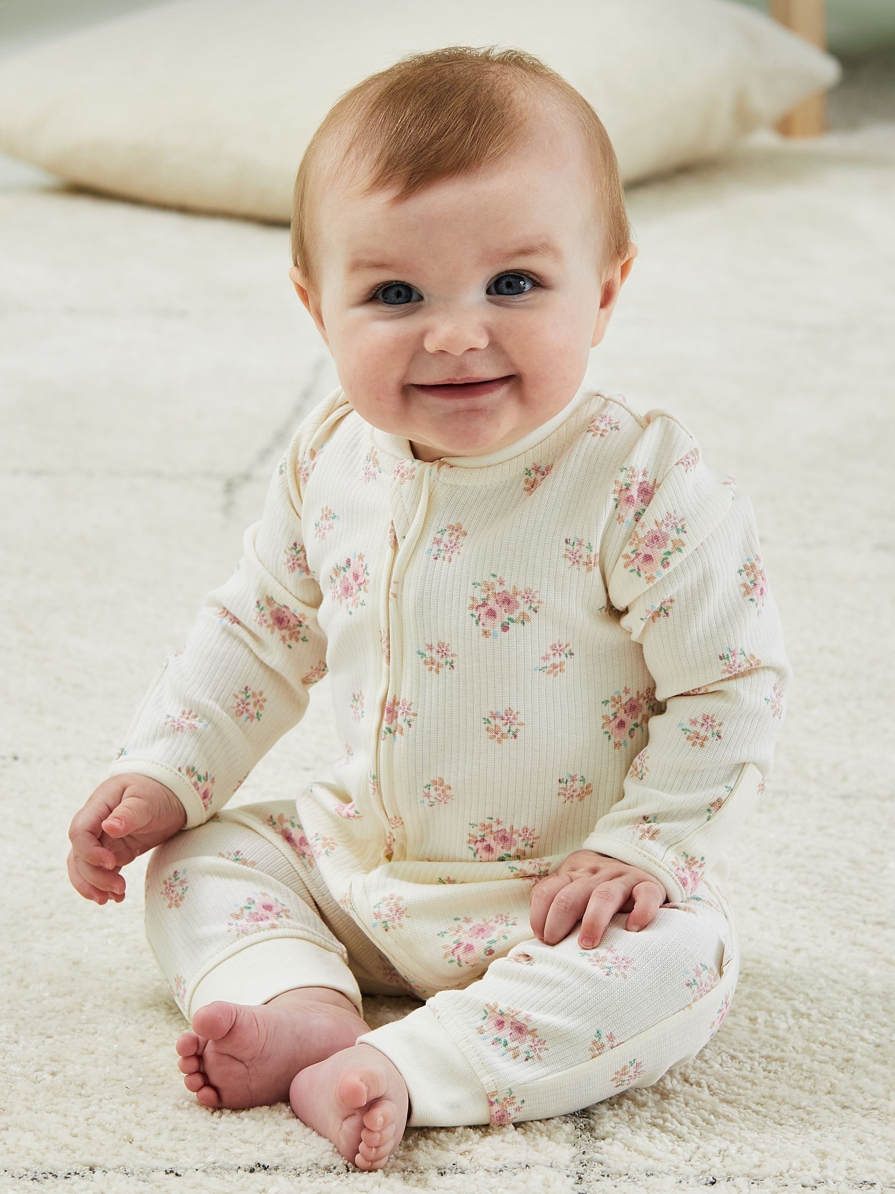 Cream Rose Print Ribbed Footless Sleepsuit - Image 3 of 6