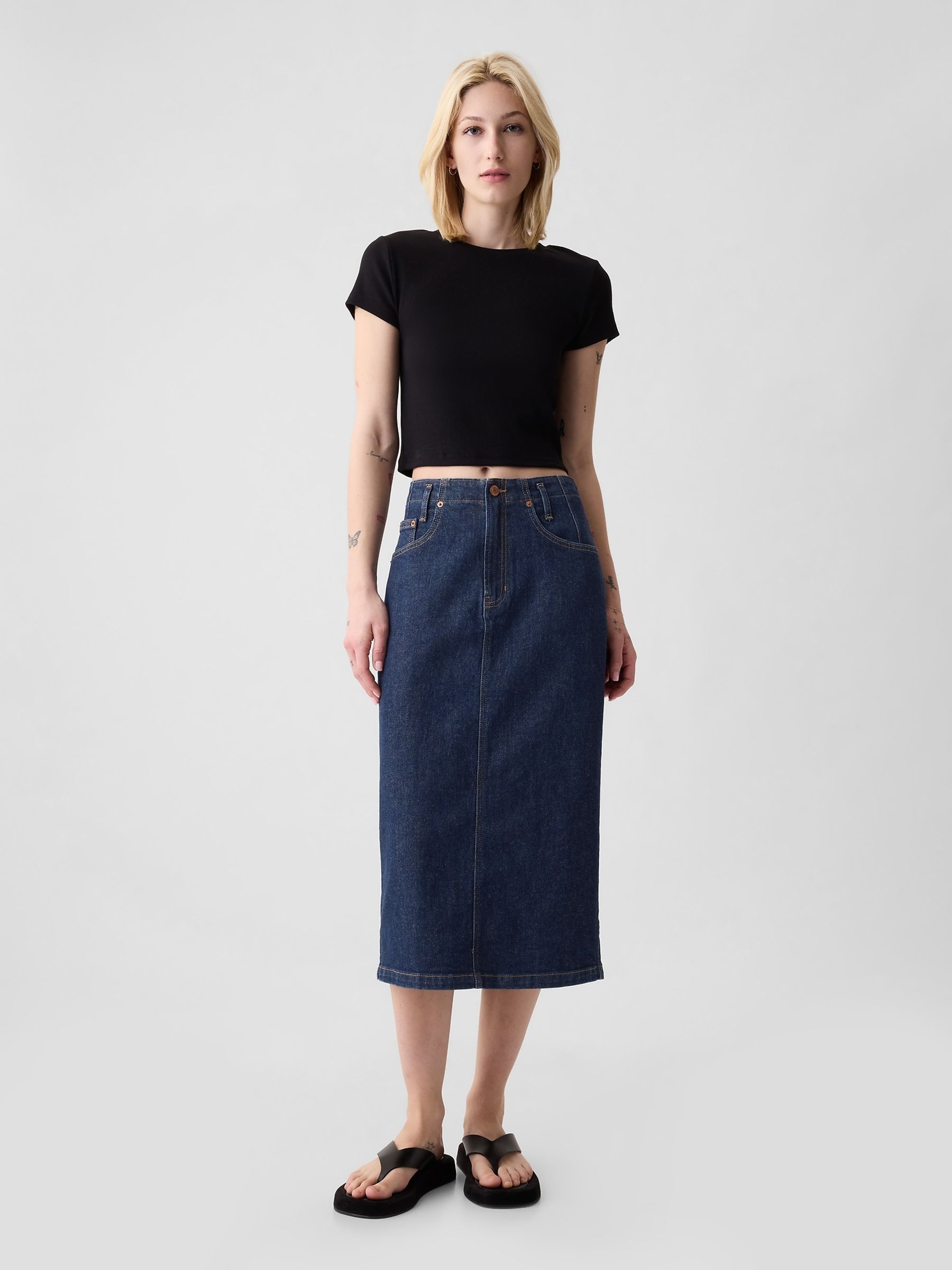 Blue Button Back Denim Midi Pencil Skirt Gap